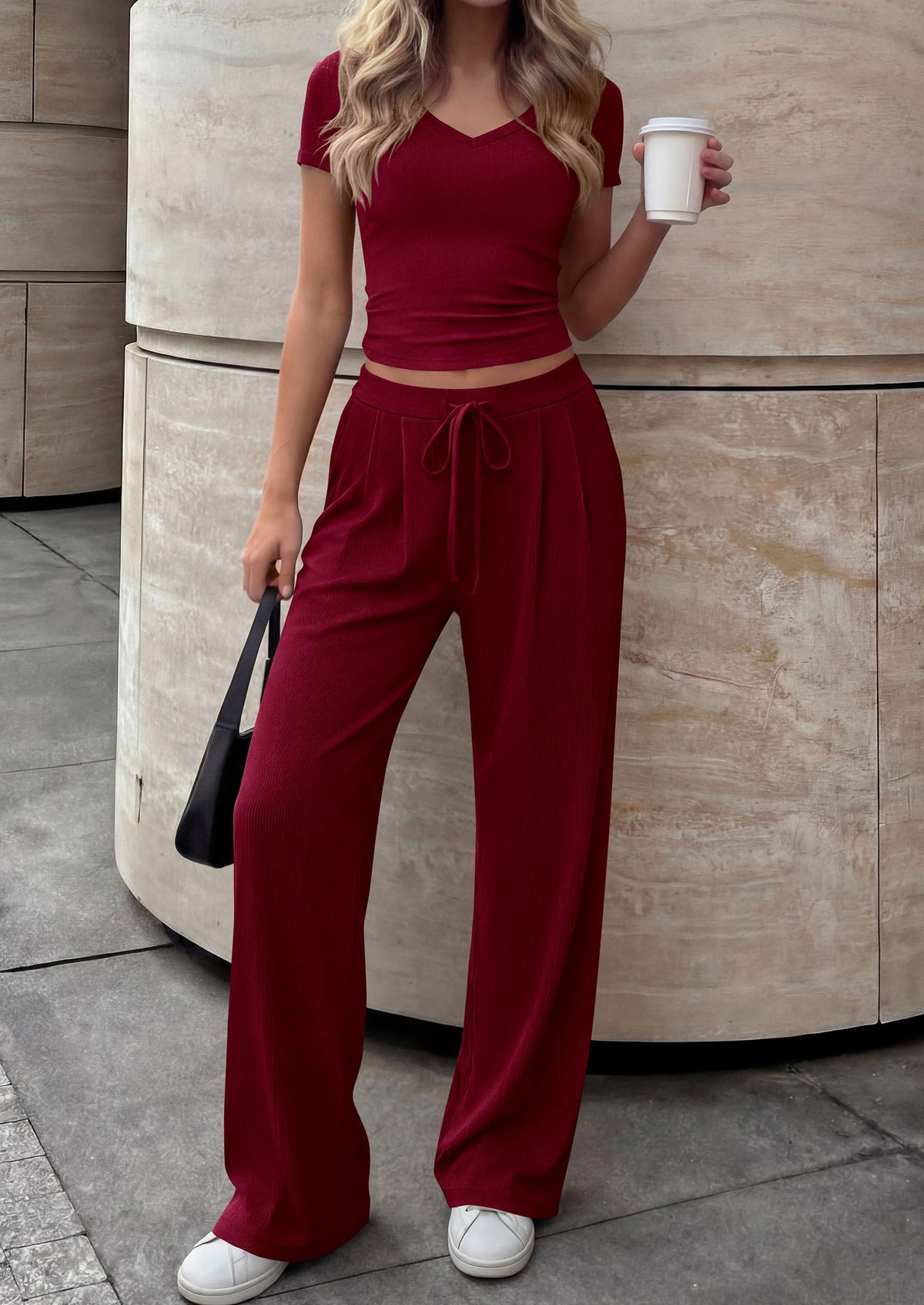 PRETTYGARDEN 2 Piece Sets for Women Summer 2026 Spring Lounge Set Matching V Neck Tops Wide Leg Pants Airport Travel Outfits PRETTYGARDEN
