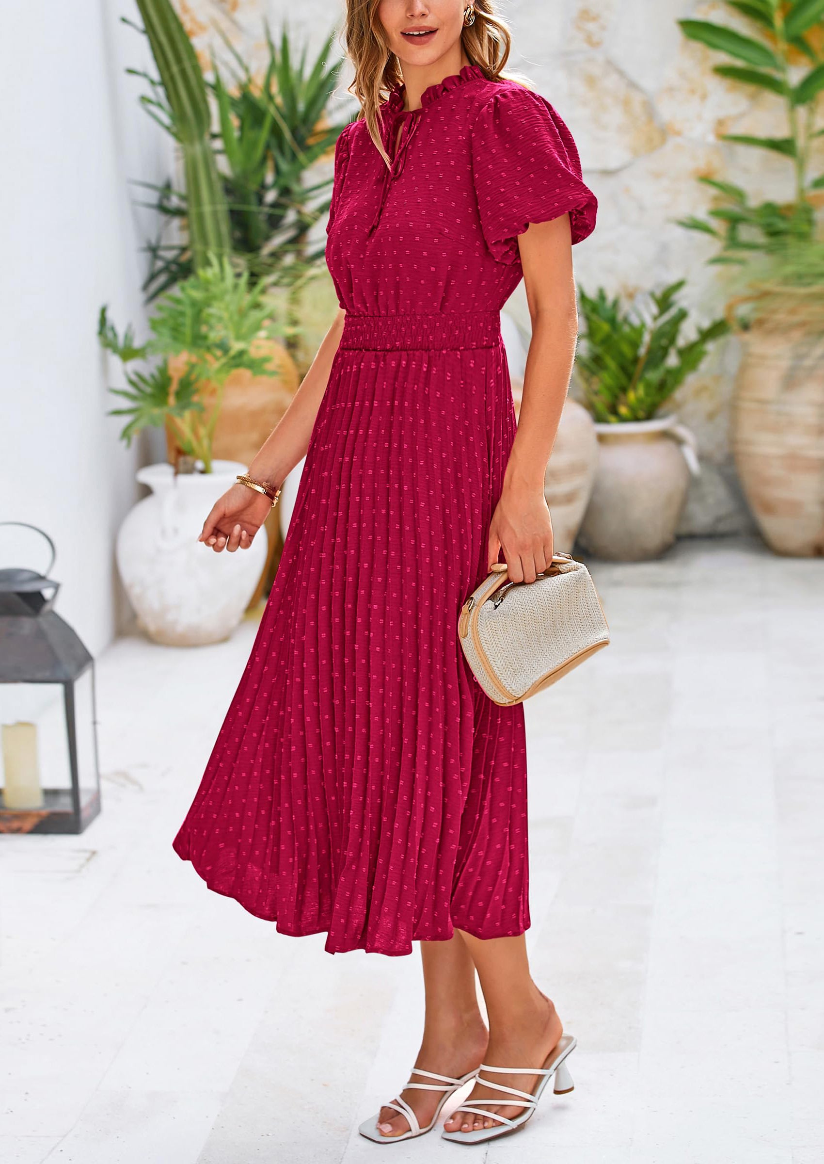 PRETTYGARDEN Womens Midi Dresses Puff Short Sleeve V Neck Swiss Dot Pleated A Line Flowy Long Wedding Guest Dress