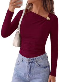 PRETTYGARDEN Long Sleeve Shirts for Women 2026 Ruched Knit Asymmetrical Tight Fitted Going Out Tops Y2k Fall Clothes