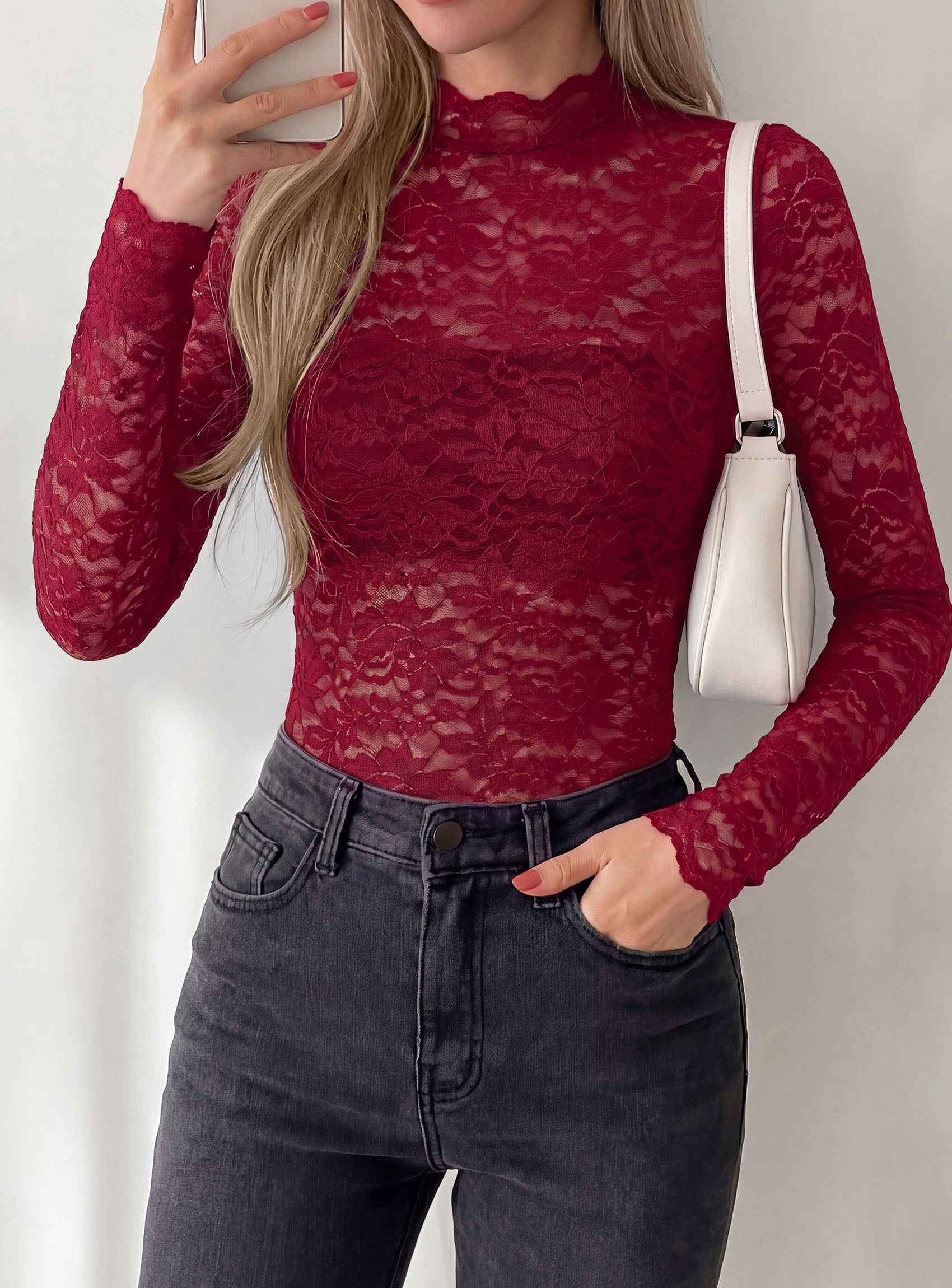 PRETTYGARDEN Womens Lace Long Sleeve Top Mesh Sheer Blouses Mock Neck See Through Slim Fitted Tops 2026 Fall Fashion Clothes