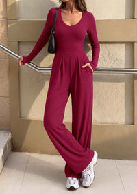 PRETTYGARDEN Womens Fall One Piece Long Sleeve Jumpsuit | Stretchy Ribbed Knit, Fashion Deep V Neck, Wide Leg Romper with Pockets, Work Business Casual Outfits, Trendy Winter Clothes