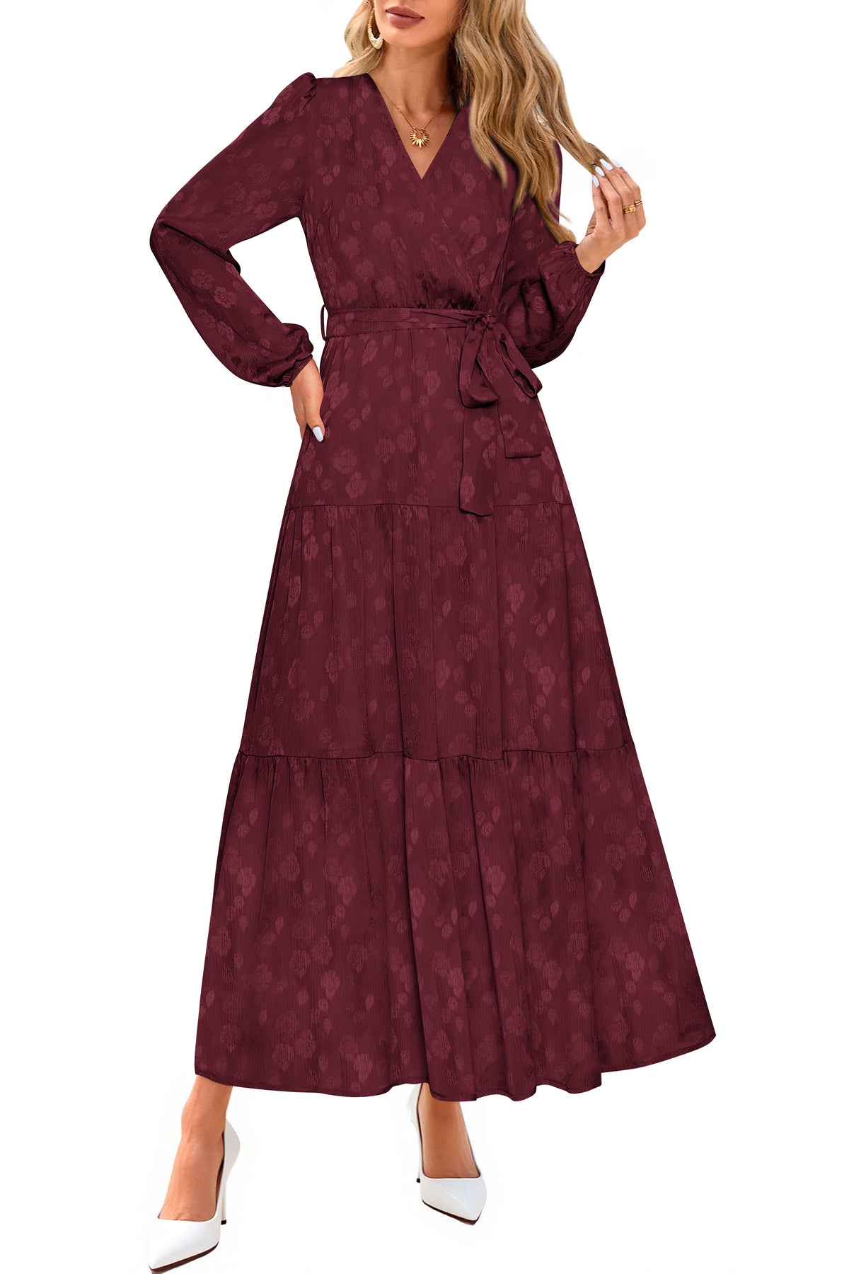 PRETTYGARDEN Womens Long Sleeve Boho Floral Wrap Maxi Dress  Fall Wedding Guest Dresses 2026, Chiffon Flowy Long Dresses, Casual Tie Waist V Neck Dress, Modest A Line Ruffle Tiered Dress