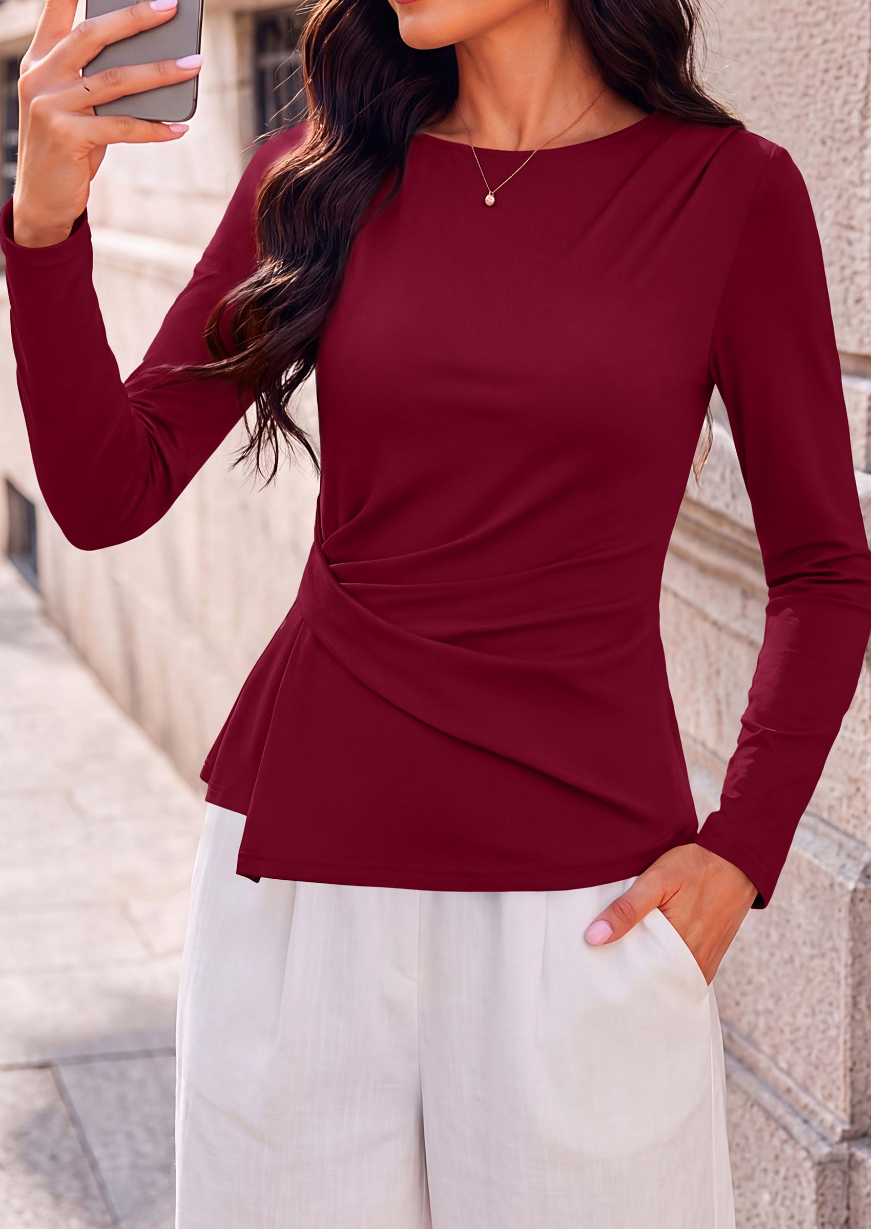 PRETTYGARDEN Womens Ruched Tops Casual Long Sleeve Shirt  Soft Stretchy Knit, Round Neck Slim Fitted Shape, Pleated Asymmetrical Hem, Office Work Daily Wear, Trendy Fall Outfits