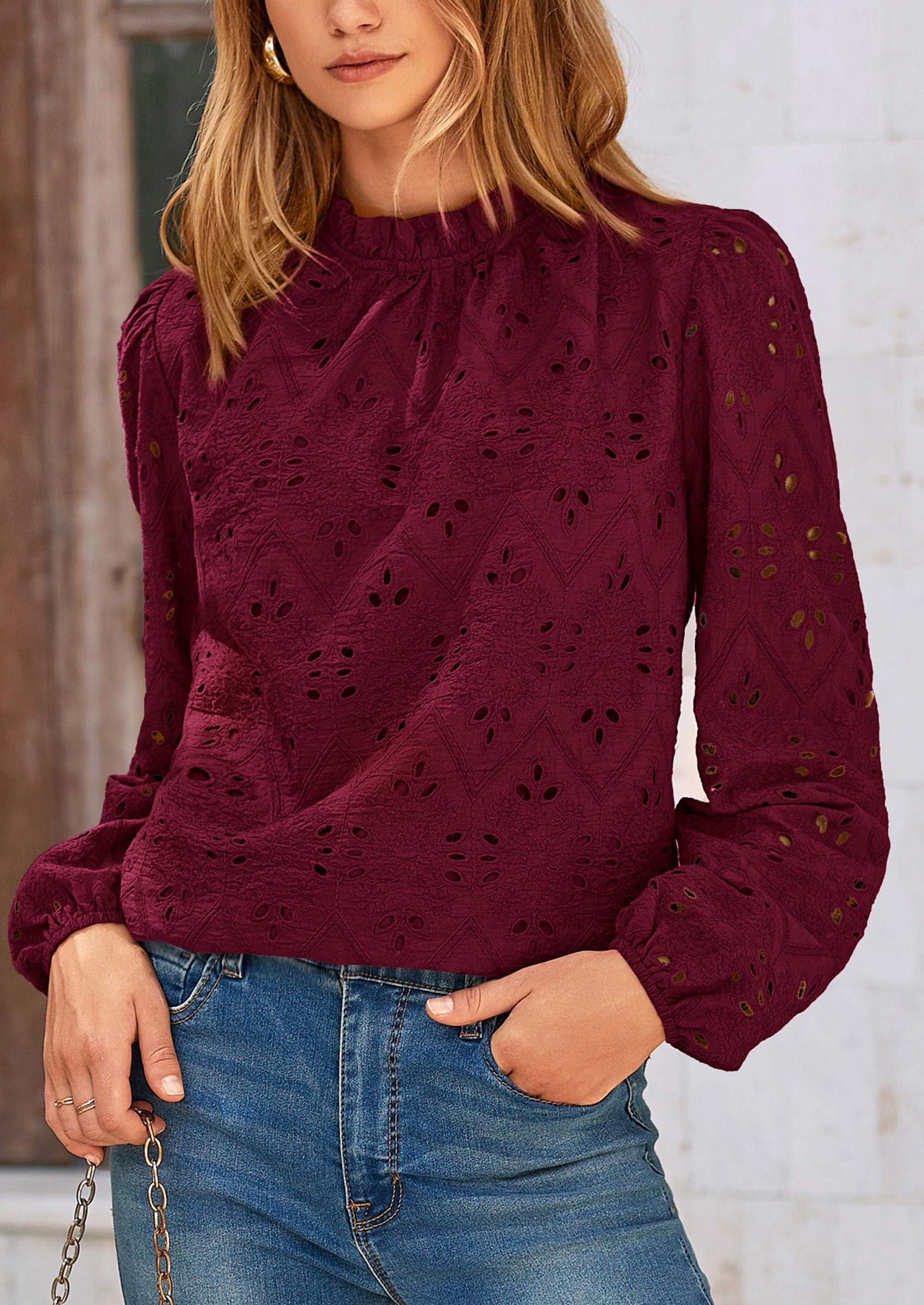 PRETTYGARDEN Womens Tops Dressy Casual Spring Long Sleeve Shirts Embroidered Eyelet Blouses Going Out Outfits