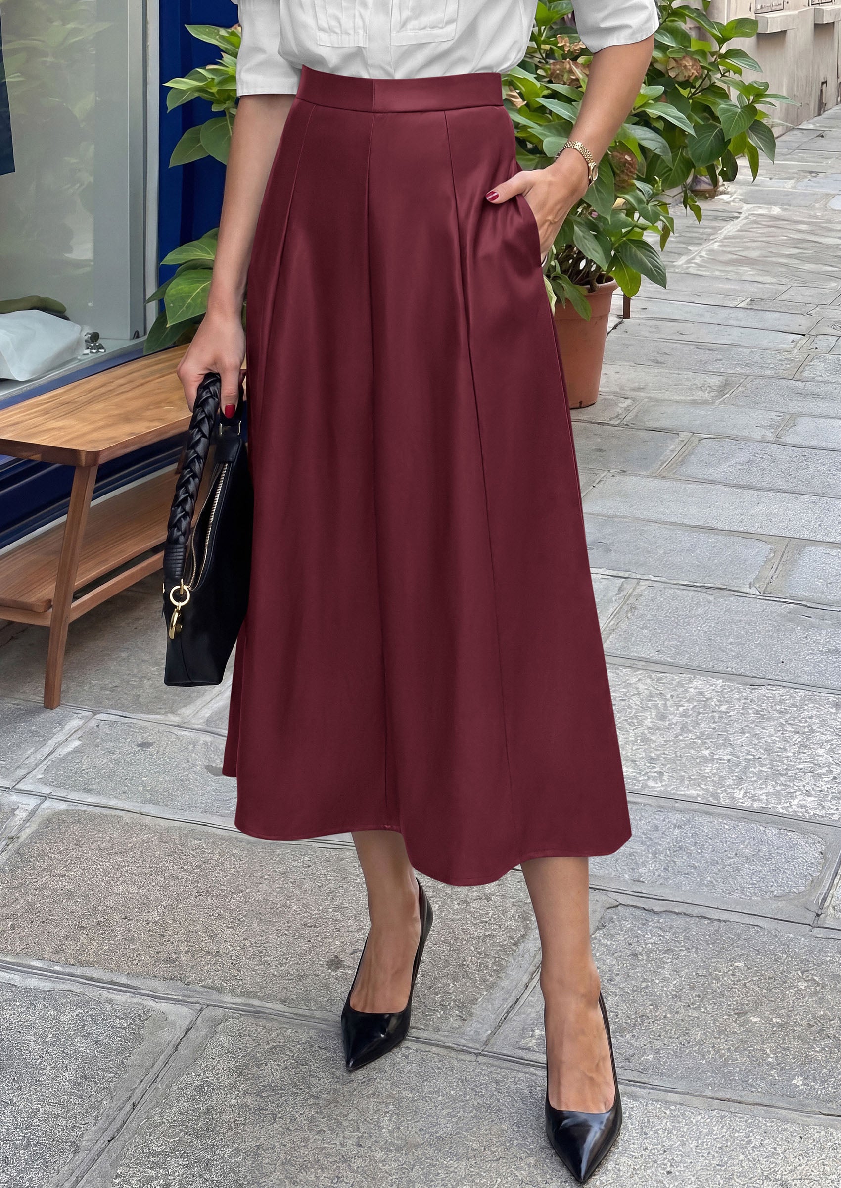 PRETTYGARDEN Womens Faux Leather High Waisted Midi Skirt | Flowy A Line Pleated Skirts, Elegant Swing Flared, Work Business Casual Outfits, Fall Winter Fashion Clothes