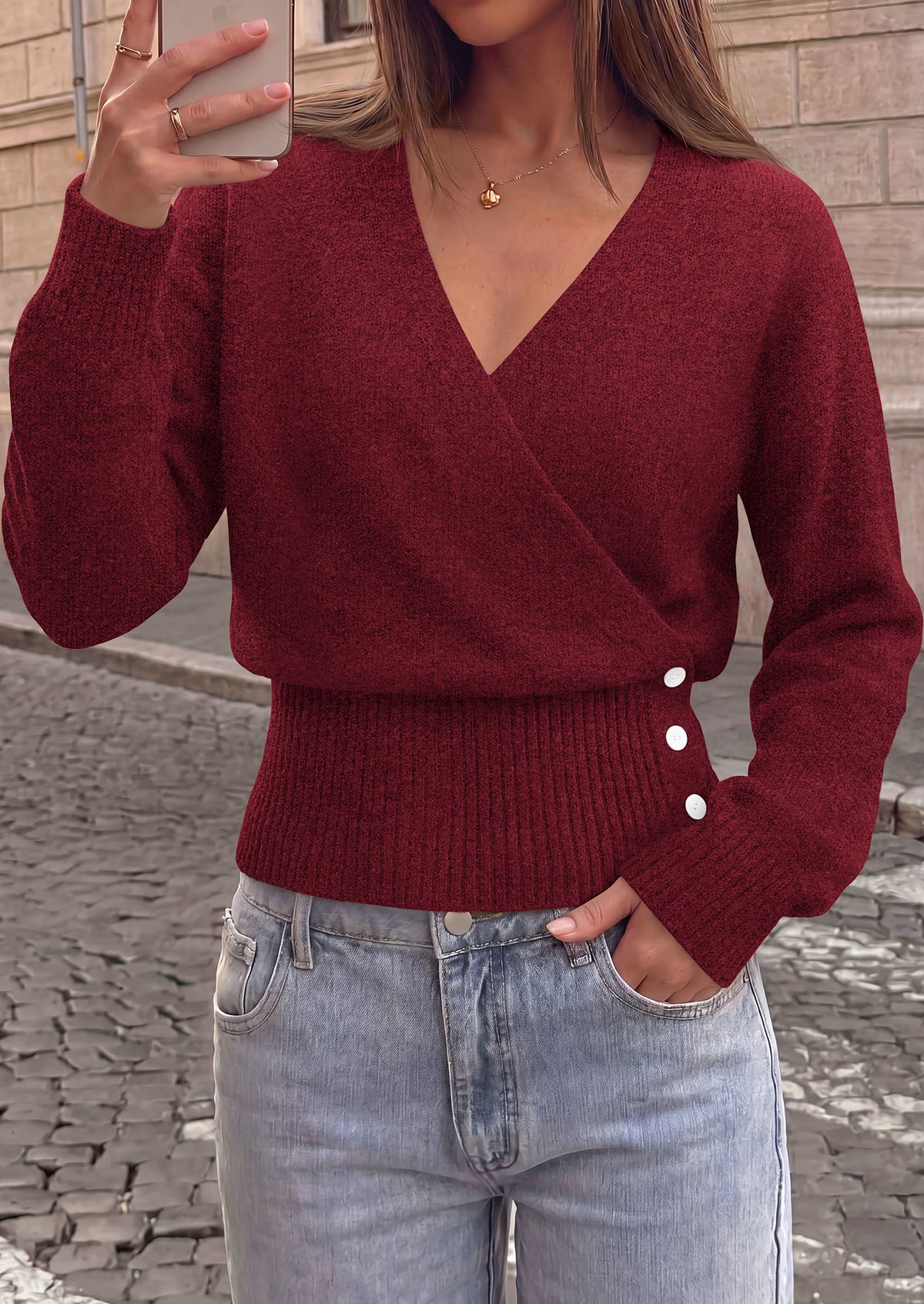 PRETTYGARDEN Women V Neck Wrap Sweater Cropped Tops Fall Winter Fashion 2026, Business Casual Outfits, Stretchy Soft knit, Wide Ribbed Hem with Side Buttons Pullover Sweaters