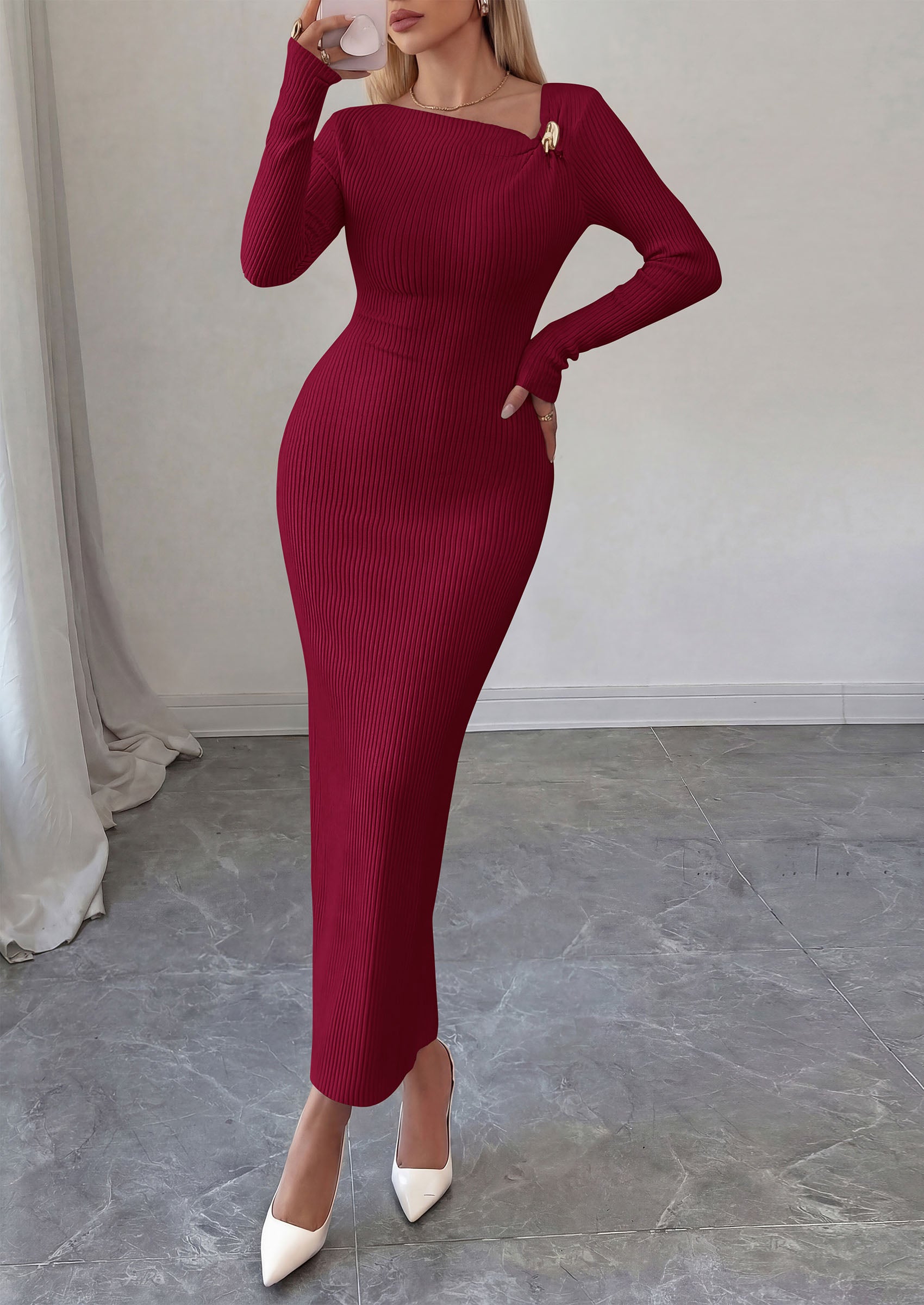 PRETTYGARDEN Womens Fall Long Sleeve Ribbed Sweater Dress | Breathable Knit Fabric, Elegant Bodycon Cut, Fashion Asymmetrical Neck, Night Out Party Dresses, 2026 Trendy Winter Clothes  Price, product page