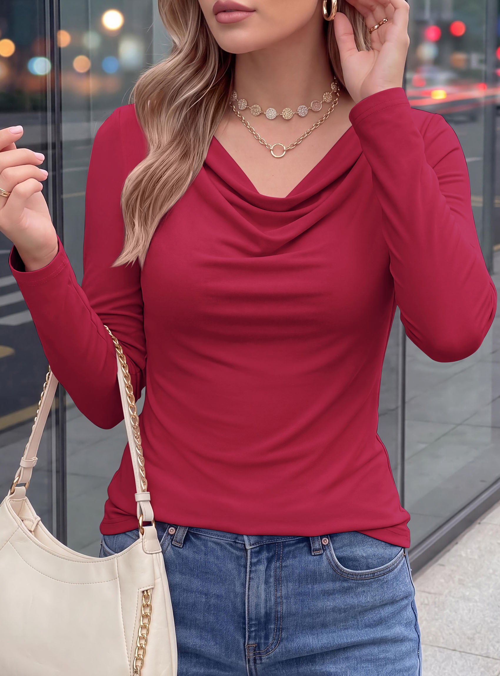PRETTYGARDEN Cowl Neck Tops for Women Fashion Long Sleeve Shirt  Comfy Ruched Shirts, Soft Lightweight Knit, Chic Cowl Neck Top, Casual Going Out Outfits, Fall Winter Trendy Clothes