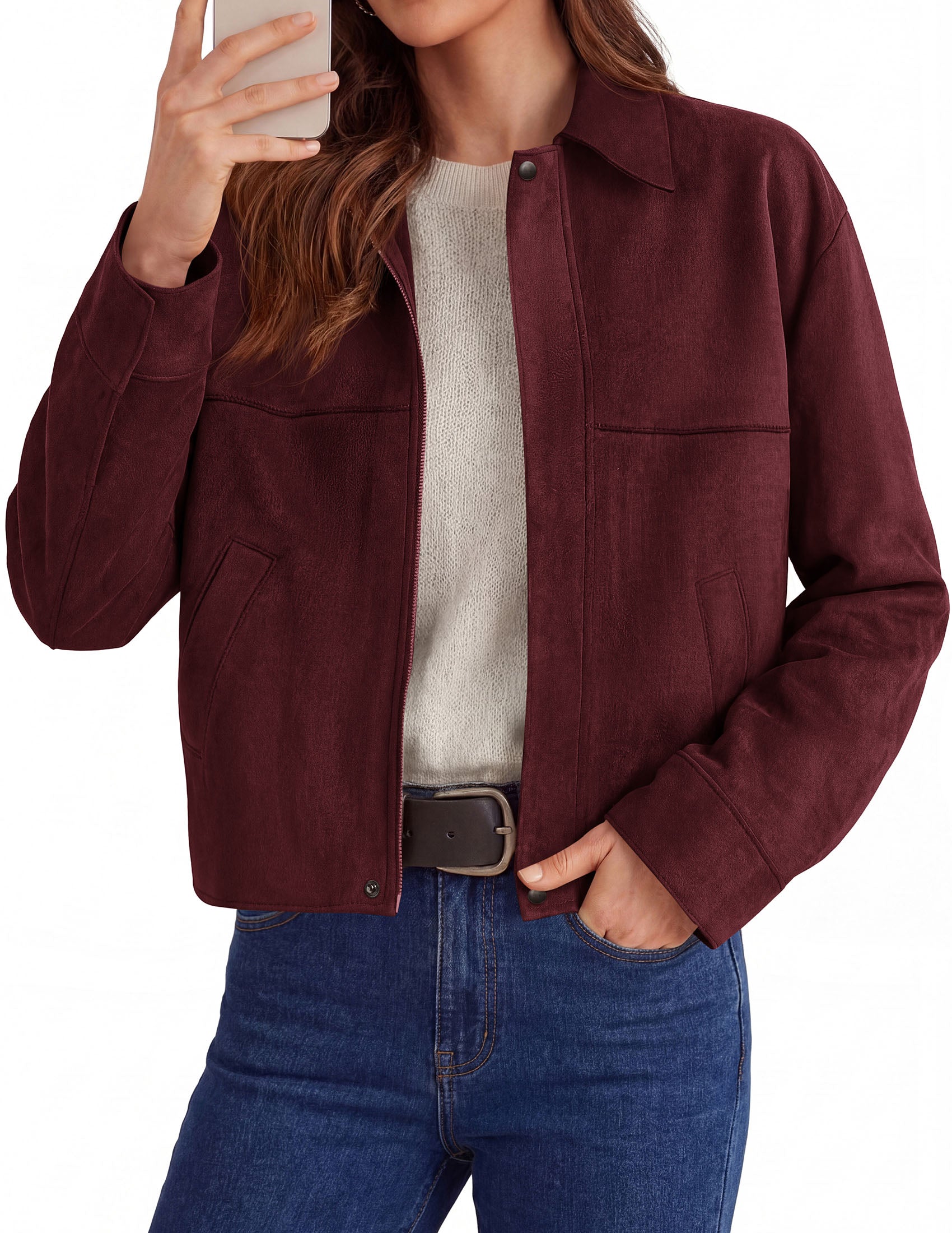 PRETTYGARDEN Women's Faux Suede Cropped Fall Jackets | Soft Zip Up Coats,Classic Lapel Collar,Button Down Shacket,Oversized Casual Outerwear,Trendy Winter Clothes with Pockets