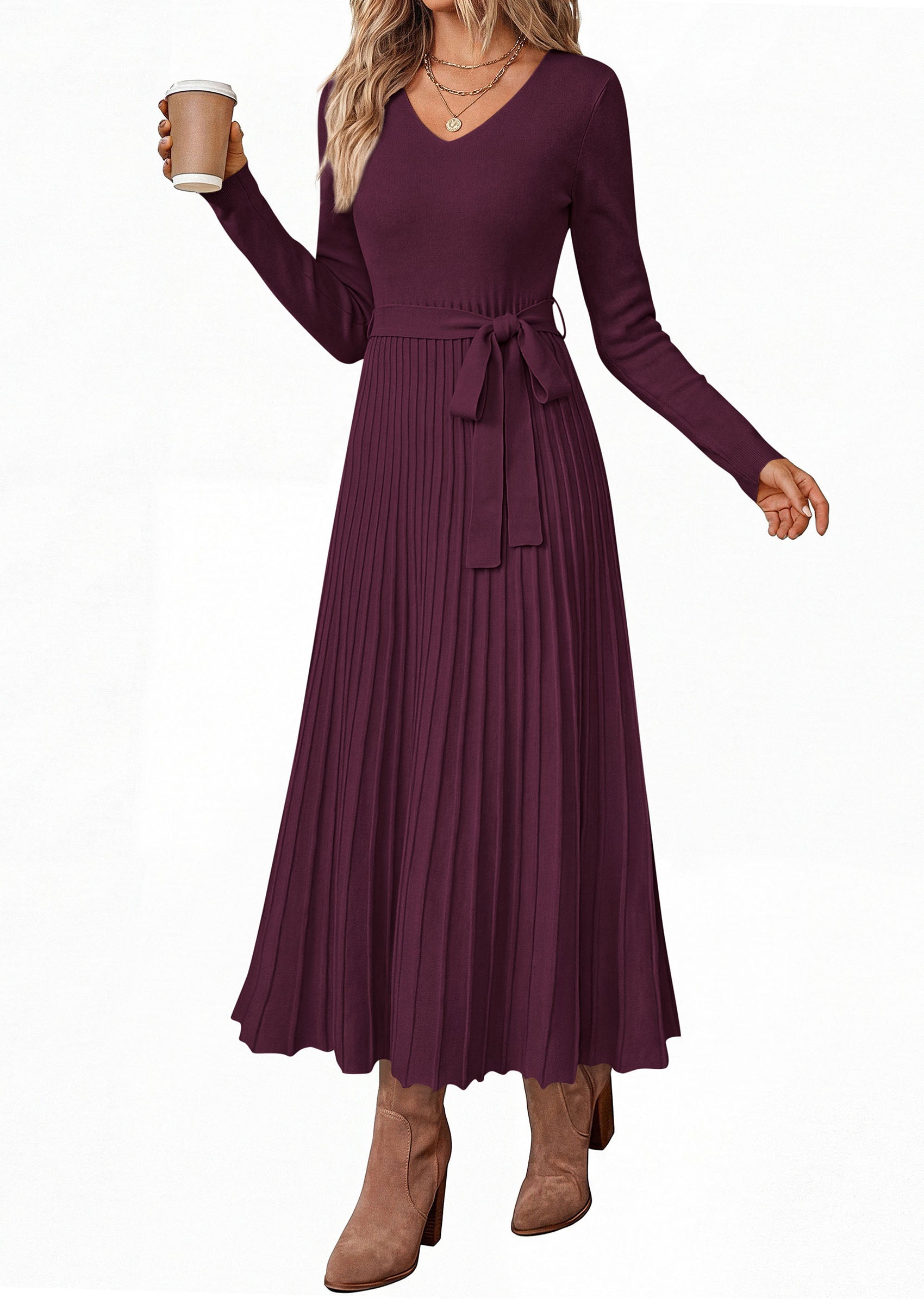 PRETTYGARDEN Womens Fall Maxi Long Sleeve Sweater Dress  Soft Stretchy Knit, V Neck A Line Dresses with Bow, Flowy Pleated Hem, Cocktail Party Outfits, Trendy Winter Clothes