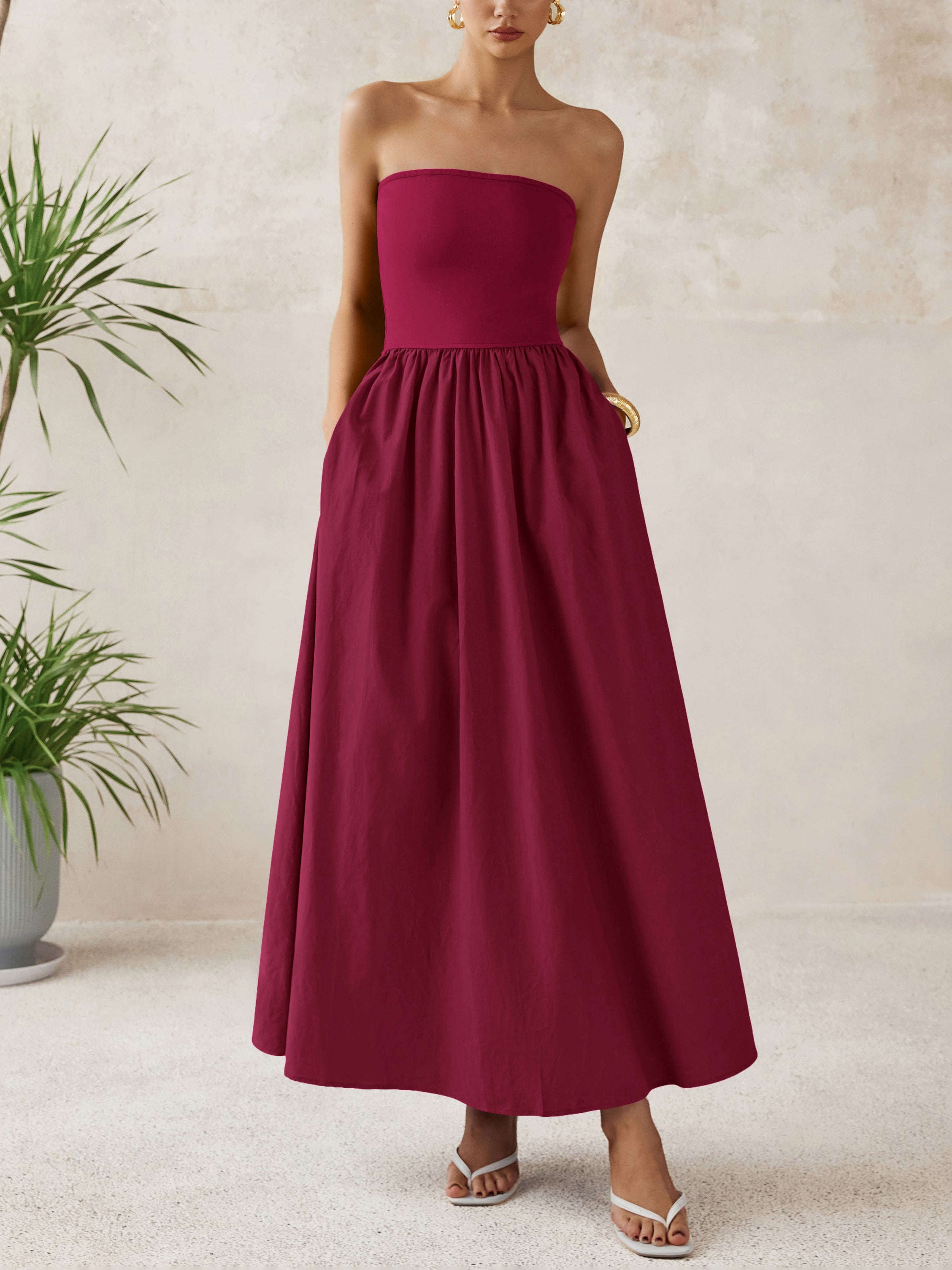 PRETTYGARDEN Women Summer Elegant Strapless Maxi Dress Tube Top Dress A Line Flowy Long Wedding Party Cocktail Dresses