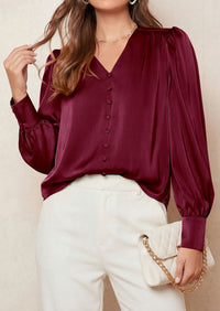 PRETTYGARDEN Satin Long Sleeve Womens Blouses Dressy Casual | Glossy Smooth Silk Fabric,Lantern Sleeve Fall Tops,Decorative Button Pullover,V Neck Shirts,Office Work Business Outfits