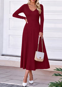 PRETTYGARDEN Women's Fall V Neck Pleated Midi Sweater Dress  Stretchy Ribbed Knit,Long Sleeve,A Line Flowy Skirt,Elegant Long Dresses for Wedding Guest,Work Office,Winter Party Outfits