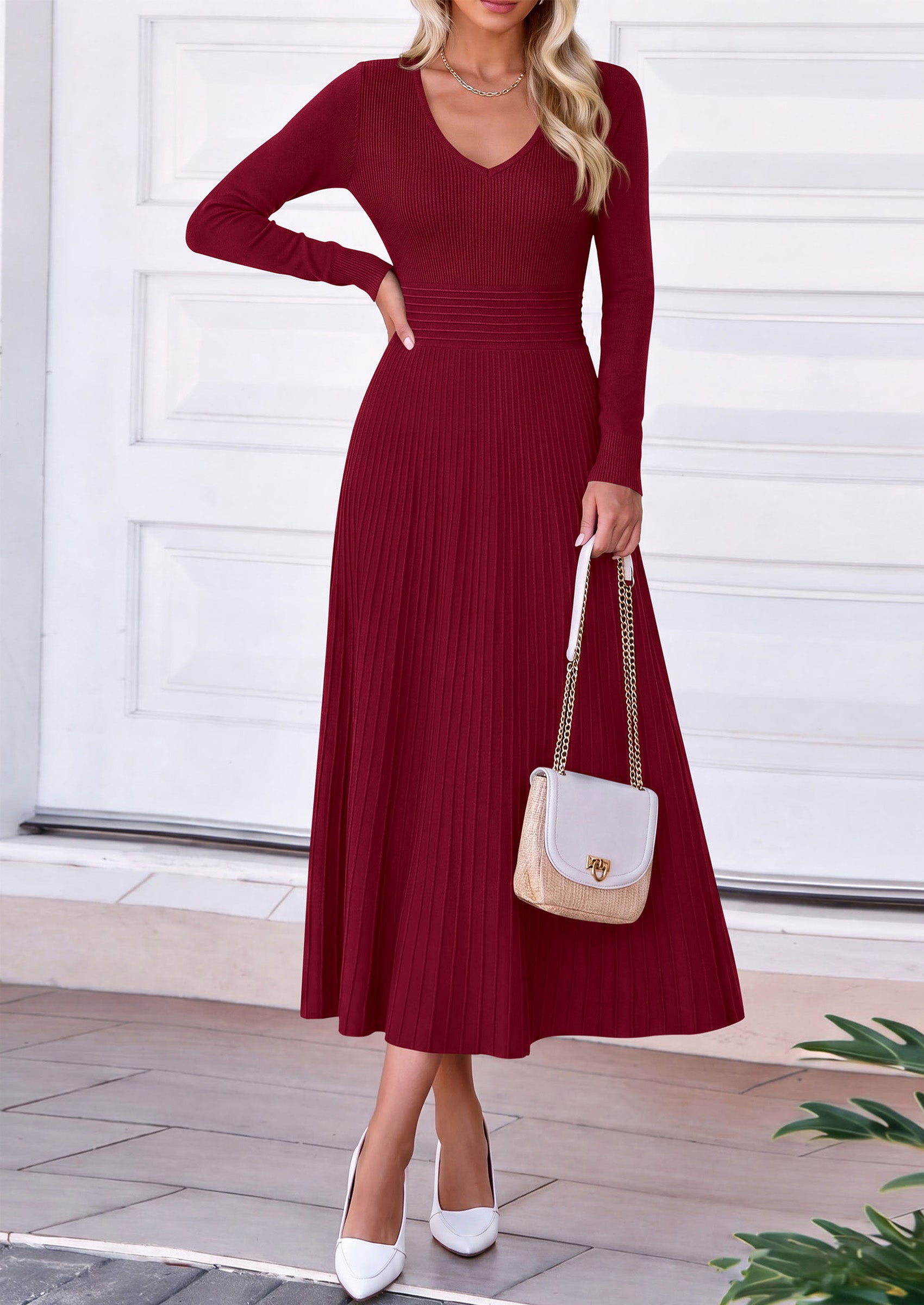 PRETTYGARDEN Women's Fall V Neck Pleated Midi Sweater Dress  Stretchy Ribbed Knit,Long Sleeve,A Line Flowy Skirt,Elegant Long Dresses for Wedding Guest,Work Office,Winter Party Outfits