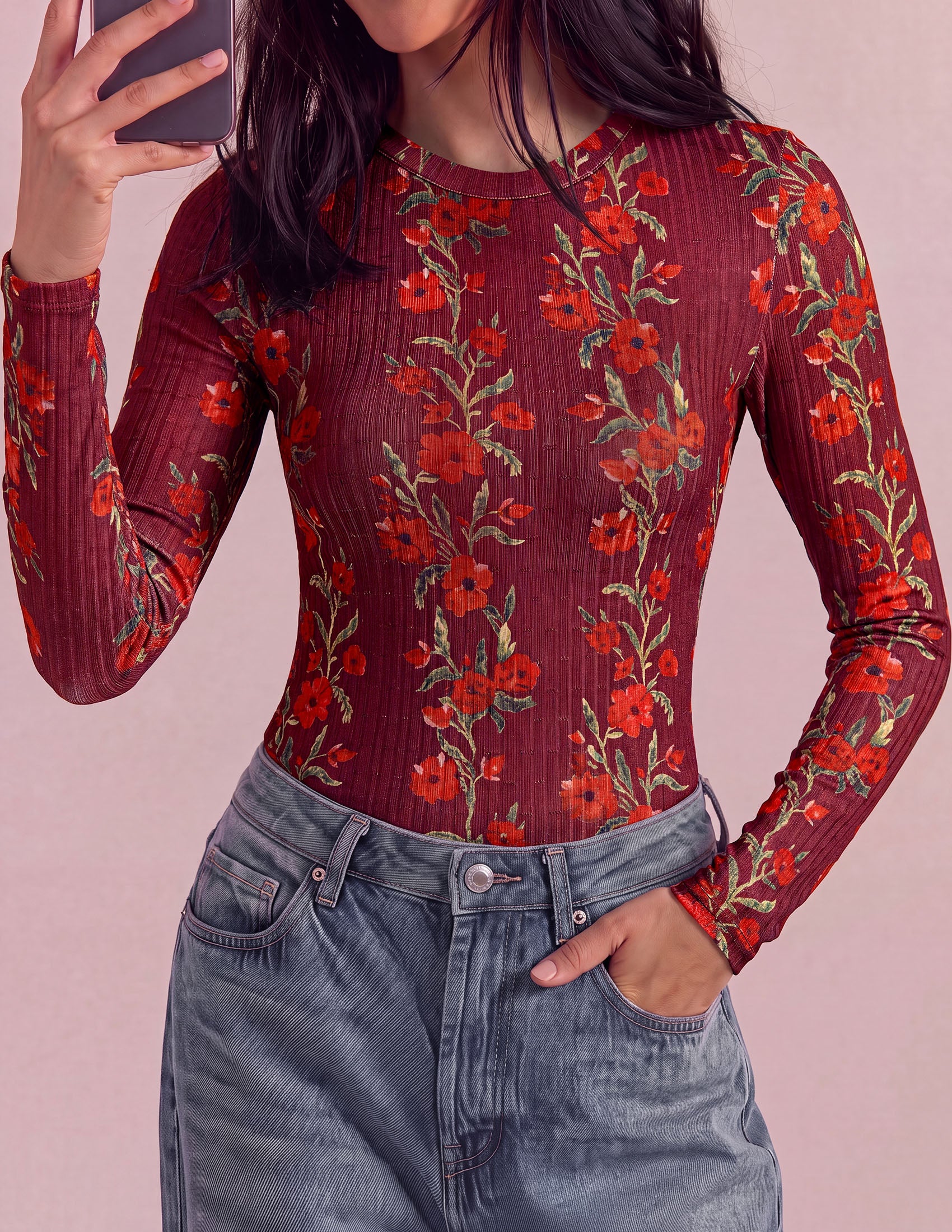 PRETTYGARDEN Womens Long Sleeve Shirts Floral Y2K Tops | Soft Lightweight Ribbed Knit Top,Fitted Waist,Crew Neck Slim Fit,Going Out Vacation Outfits,Layering Fall Winter Clothes