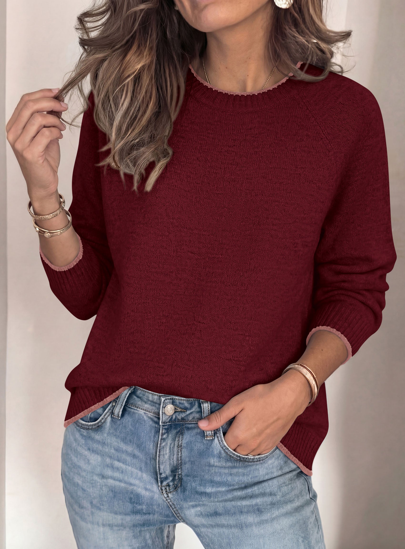 PRETTYGARDEN Womens Crewneck Fall Sweaters Pullover Tops | Soft Stretchy Knit,Reglan Long Sleeve,Ribbed Cuffs,Color Block,Casual Daily Outfits,Office Work Clothes,Winter Layering Wear