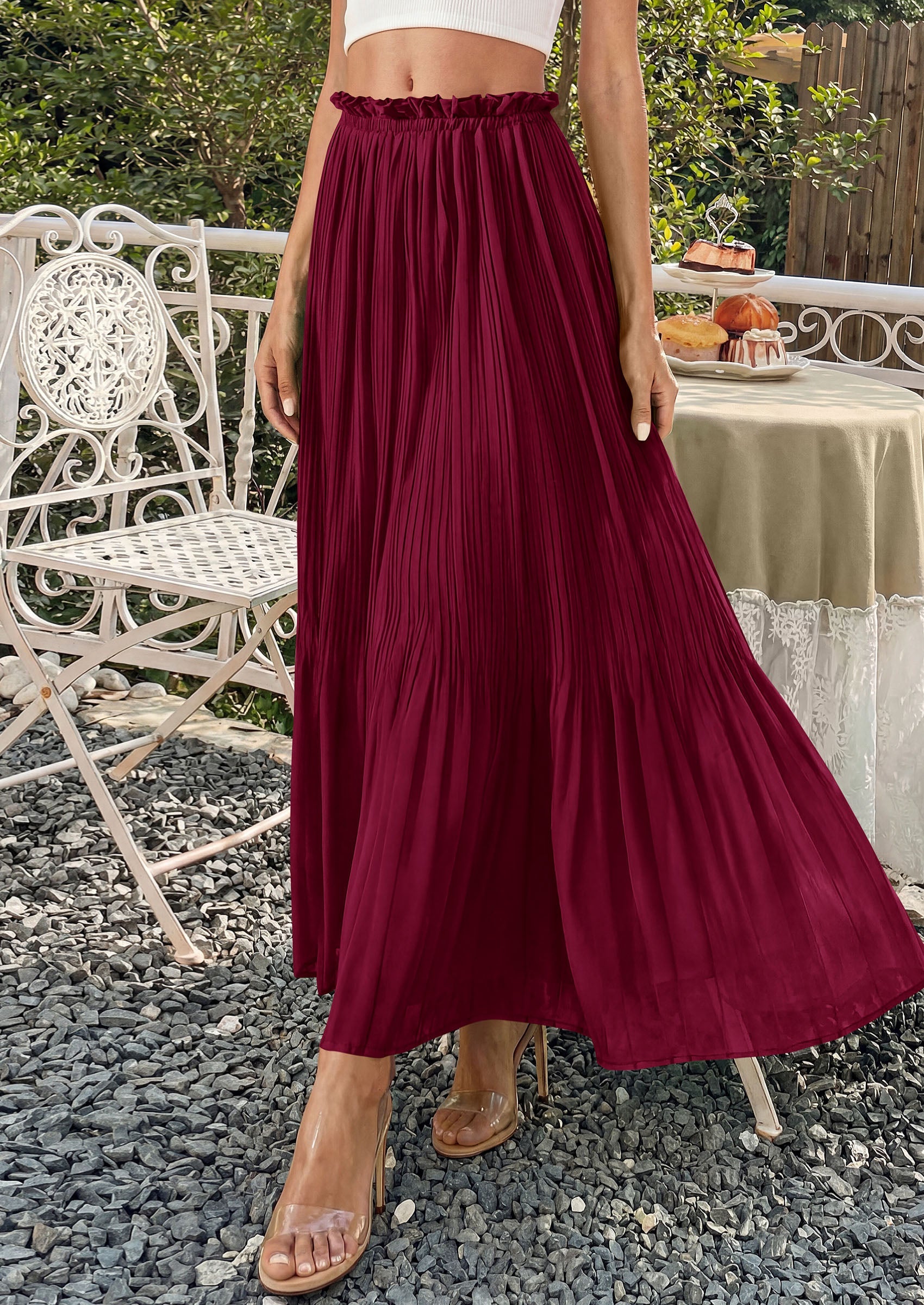 PRETTYGARDEN Pleated Long Skirts for Women Summer Vacation Outfits 2026 Spring Elastic Waisted Flowy Chiffon A-Line Midi Skirt PRETTYGARDEN