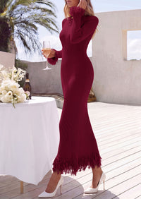 PRETTYGARDEN Womens Long Sleeve Bodycon Sweater Dress  Stretchy Ribbed Knit,Fringe Trim Cuffs & Hem,Slim Fit Crewneck,Date Night Outfits,Fall Winter Wedding Guest Cocktail Dresses