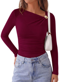 PRETTYGARDEN Long Sleeve Shirts for Women 2026 Ruched Knit Asymmetrical Tight Fitted Going Out Tops Y2k Fall Clothes