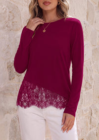 PRETTYGARDEN Women's Lace Patchwork Long Sleeve Shirts | Soft Casual Tops,Irregular Asymmetrical Hem,Crew Neck Thermal Blouses,Loose Fit Layer Tee,Fashion Fall Winter Daily Wear