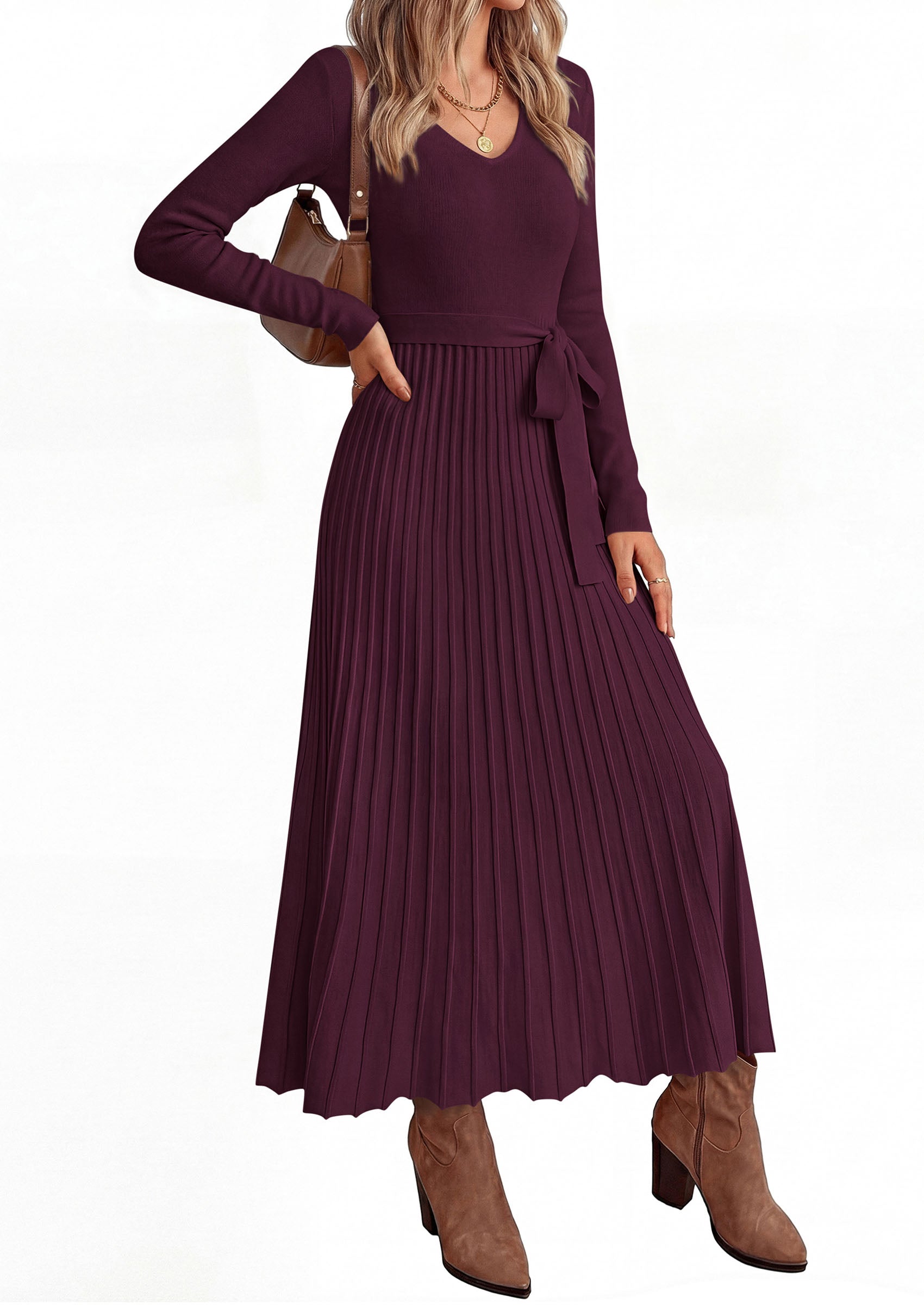 PRETTYGARDEN Womens Fall Maxi Long Sleeve Sweater Dress  Soft Stretchy Knit, V Neck A Line Dresses with Bow, Flowy Pleated Hem, Cocktail Party Outfits, Trendy Winter Clothes