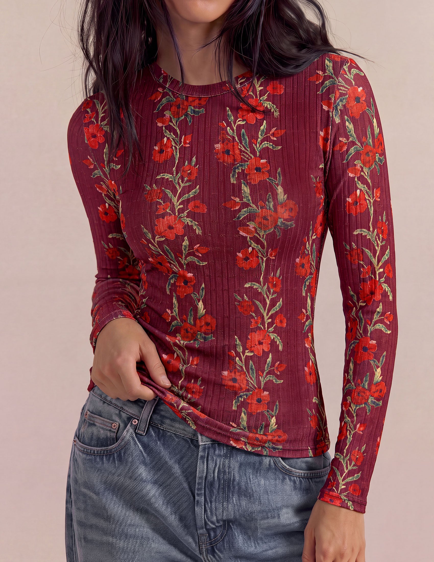PRETTYGARDEN Womens Long Sleeve Shirts Floral Y2K Tops | Soft Lightweight Ribbed Knit Top,Fitted Waist,Crew Neck Slim Fit,Going Out Vacation Outfits,Layering Fall Winter Clothes