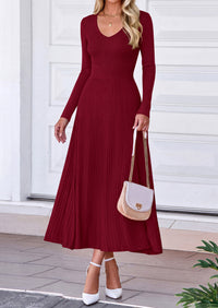 PRETTYGARDEN Women's Fall V Neck Pleated Midi Sweater Dress  Stretchy Ribbed Knit,Long Sleeve,A Line Flowy Skirt,Elegant Long Dresses for Wedding Guest,Work Office,Winter Party Outfits