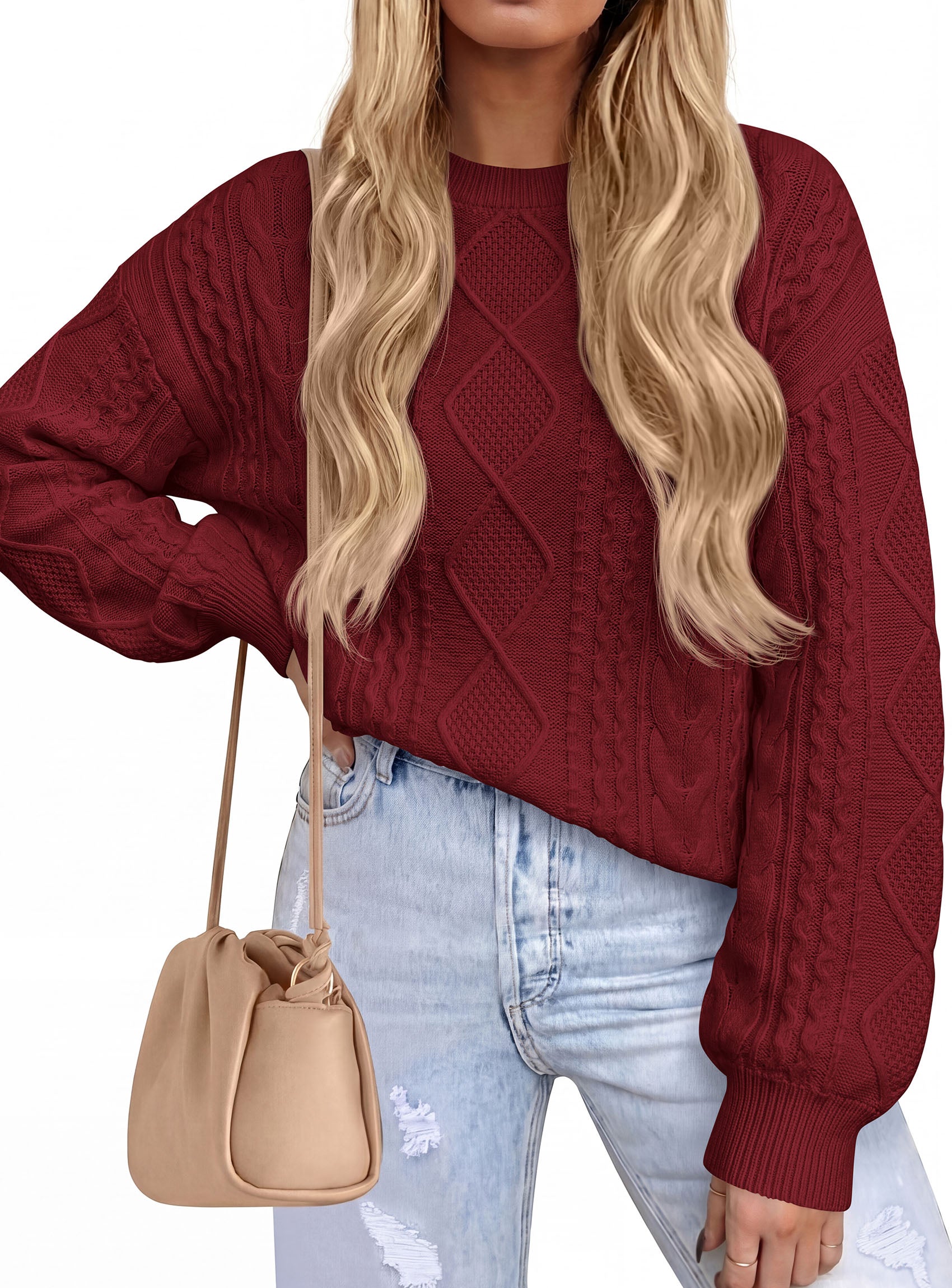 PRETTYGARDEN Womens Cable Knit Sweater Crewneck Pullover | Soft Ribbed Cuffs,Relaxed Fit Long Sleeve Sweaters,Chunky Diamond,Warm Layering,Comfy Daily Wear,Fall Winter Going out Top