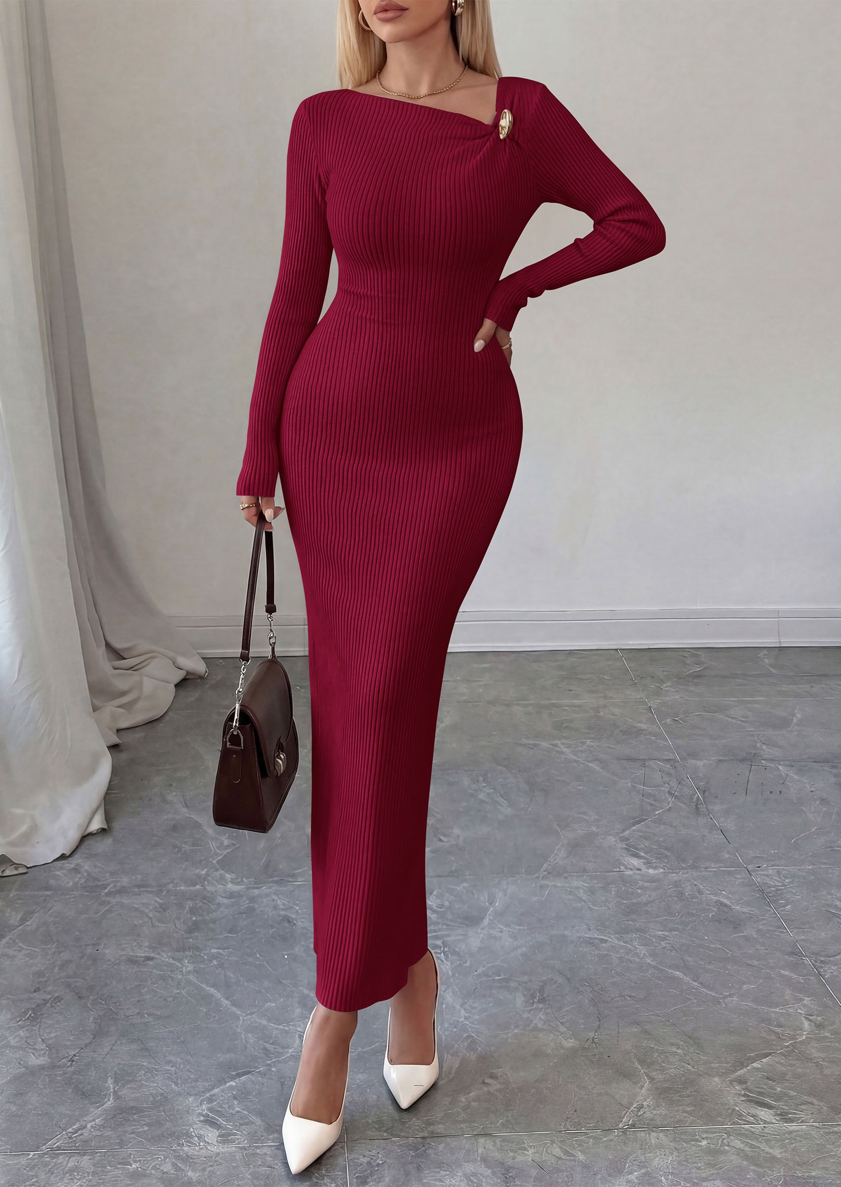 PRETTYGARDEN Womens Fall Long Sleeve Ribbed Sweater Dress | Breathable Knit Fabric, Elegant Bodycon Cut, Fashion Asymmetrical Neck, Night Out Party Dresses, 2026 Trendy Winter Clothes  Price, product page