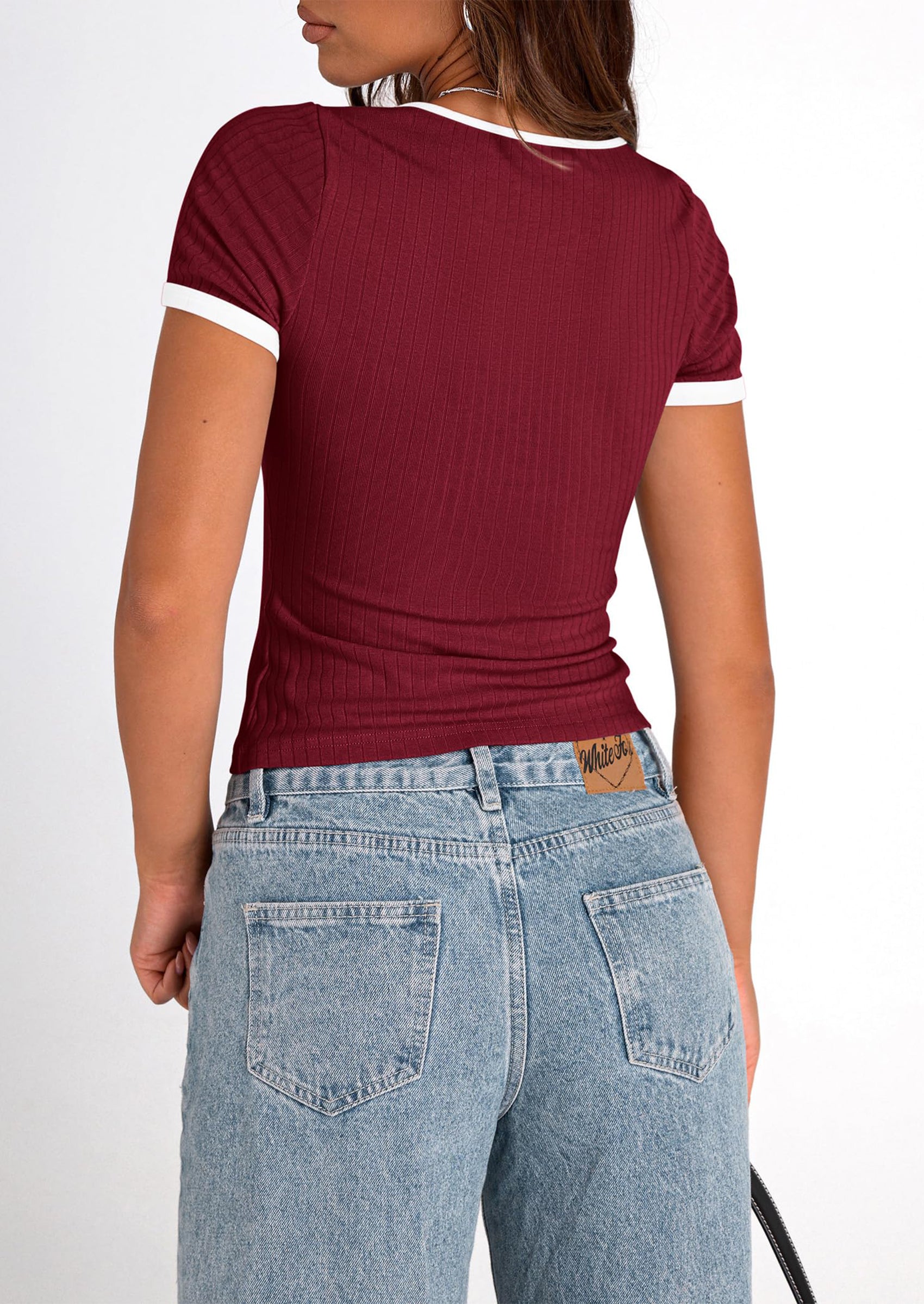 PRETTYGARDEN Women's Summer Short Sleeve T Shirts Ribbed Knit Square Neck Color Block Slim Fit Basic Casual Crop Tops Blouses