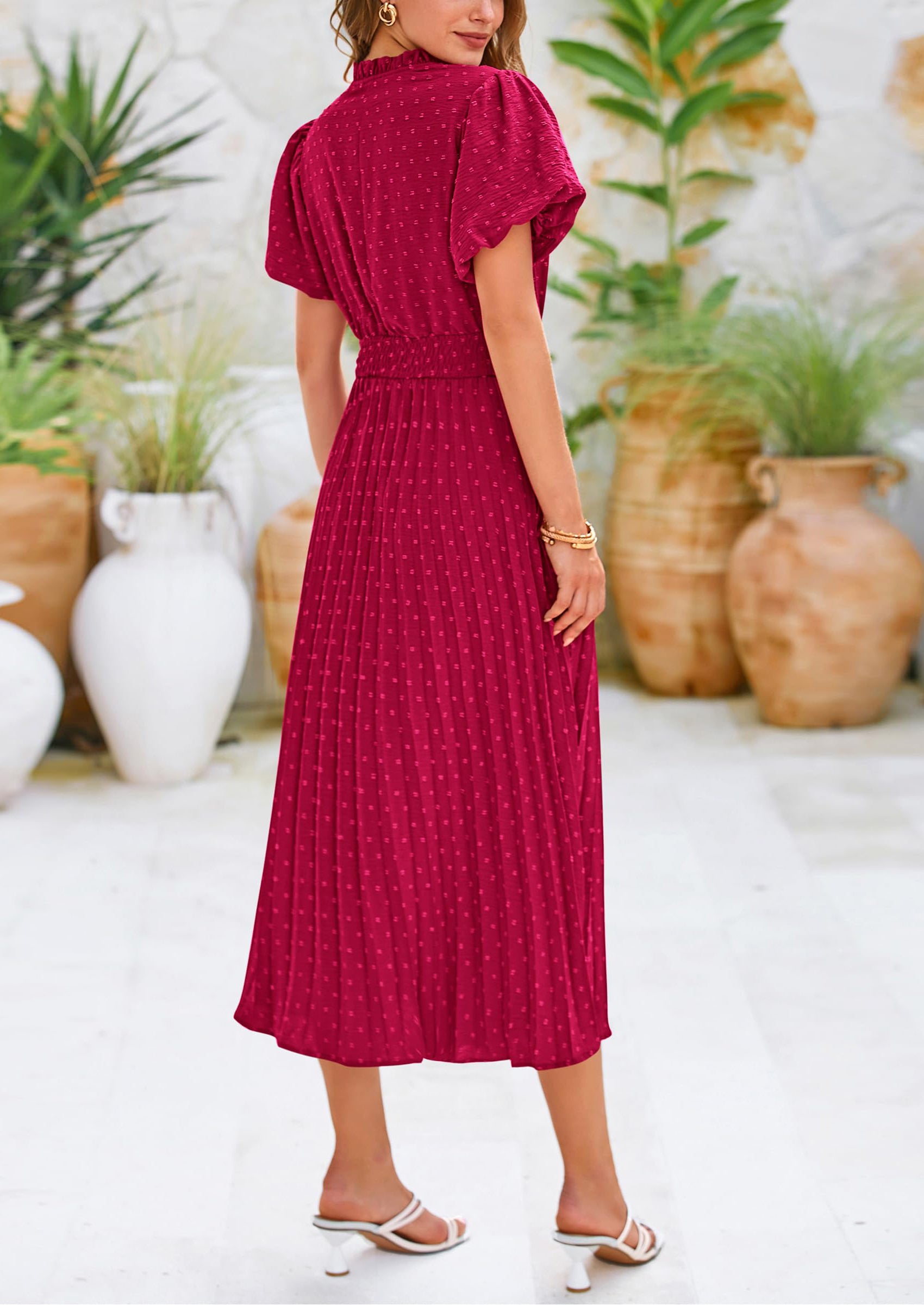 PRETTYGARDEN Womens Midi Dresses Puff Short Sleeve V Neck Swiss Dot Pleated A Line Flowy Long Wedding Guest Dress