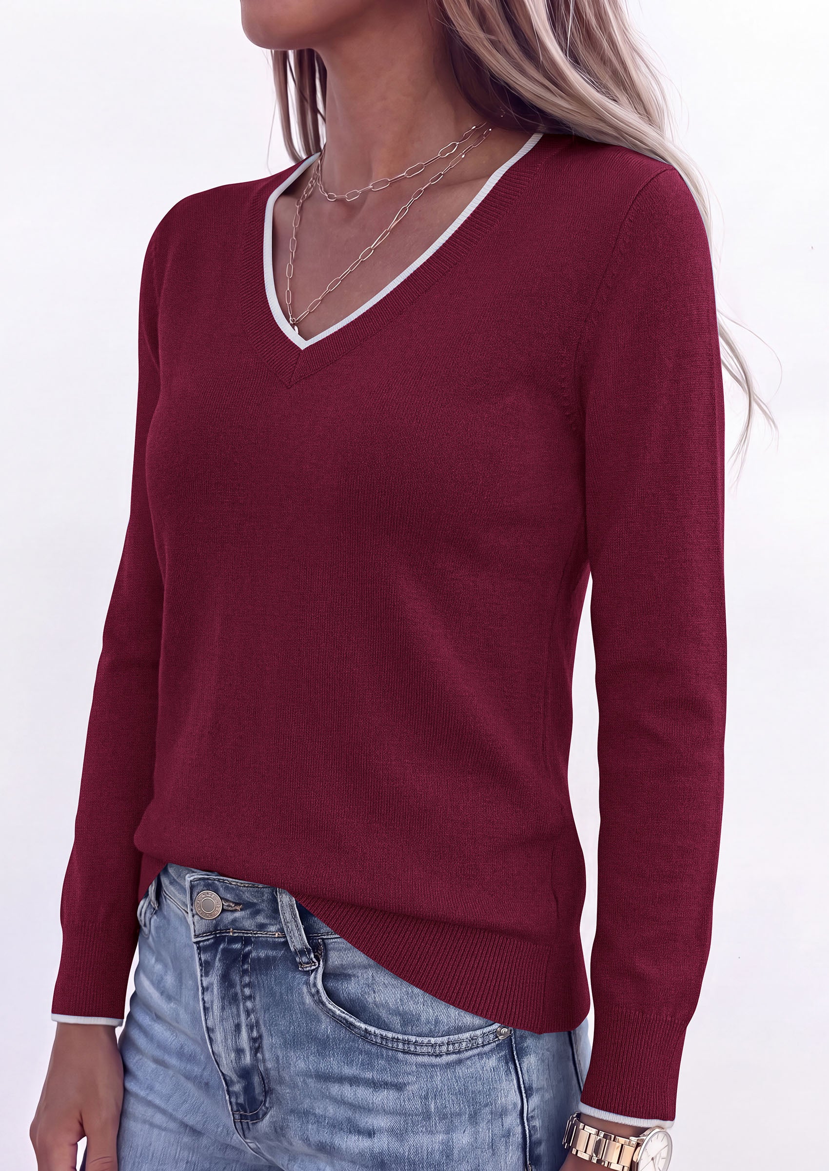 PRETTYGARDEN Women's V Neck Sweater Long Sleeve Knit Tops | Contrast Trim, Cozy Lightweight Pullover, Loose Basic Soft, Business Casual, Holiday Vacation Outfits, Fall Winter Clothes