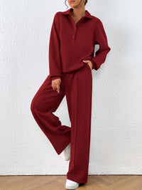PRETTYGARDEN Women Fall 2 Piece Outfits Sweatsuits Quarter Button Long Sleeve Sweatshirt Wide Leg Pants Tracksuit Lounge Sets