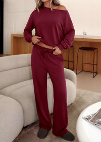 PRETTYGARDEN Womens 2 Piece Casual Matching Lounge Sets  Fashion Off the Shoulder Sweatshirt, Wide Leg Pants with Pockets, Comfy Airport Travel Outfit, 2026 Trendy Fall Set