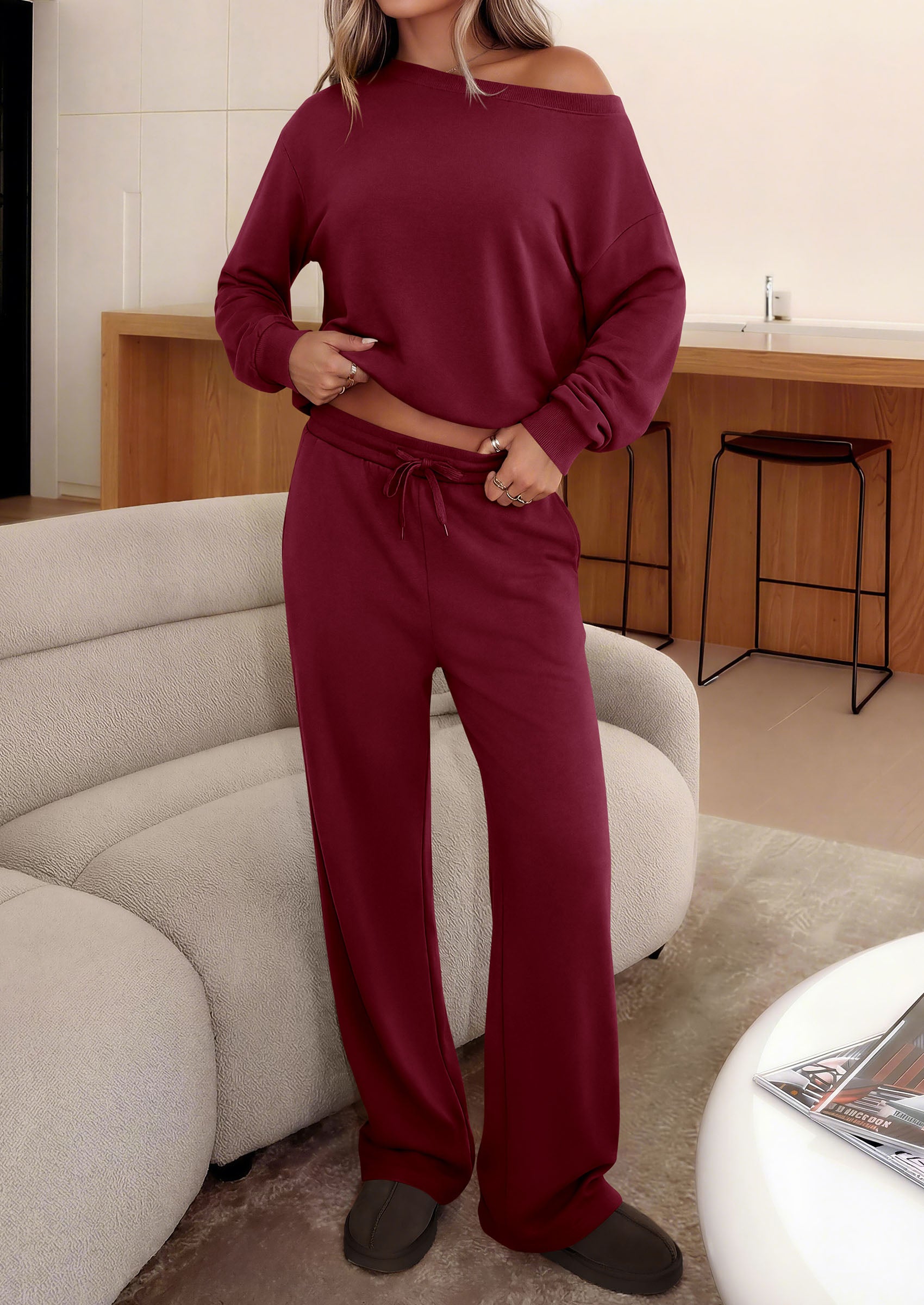 PRETTYGARDEN Womens 2 Piece Casual Matching Lounge Sets  Fashion Off the Shoulder Sweatshirt, Wide Leg Pants with Pockets, Comfy Airport Travel Outfit, 2026 Trendy Fall Set