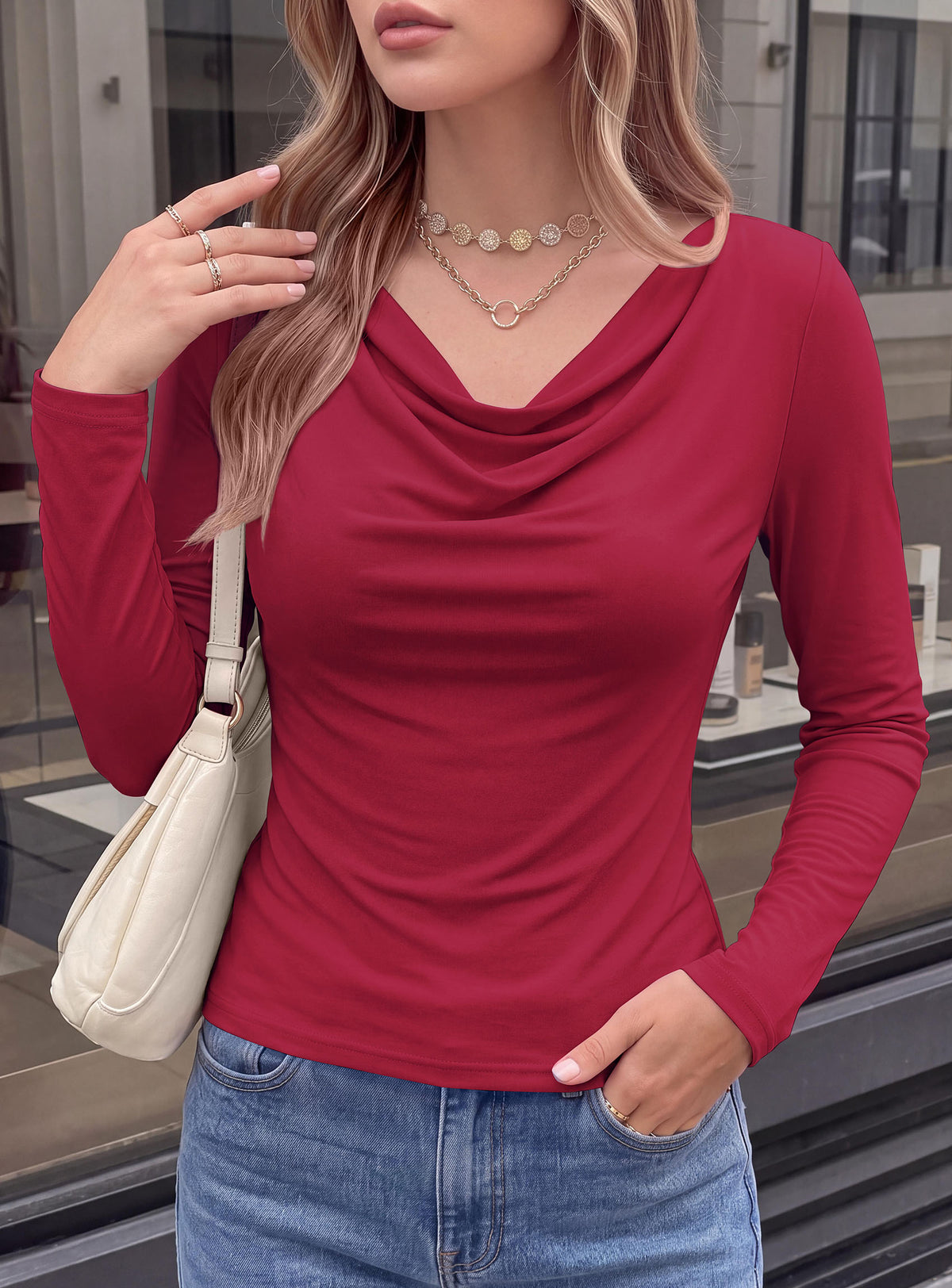 PRETTYGARDEN Cowl Neck Tops for Women Fashion Long Sleeve Shirt  Comfy Ruched Shirts, Soft Lightweight Knit, Chic Cowl Neck Top, Casual Going Out Outfits, Fall Winter Trendy Clothes
