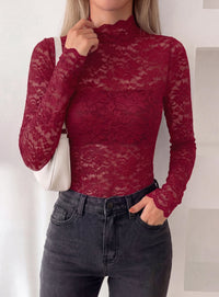 PRETTYGARDEN Womens Lace Long Sleeve Top Mesh Sheer Blouses Mock Neck See Through Slim Fitted Tops 2026 Fall Fashion Clothes