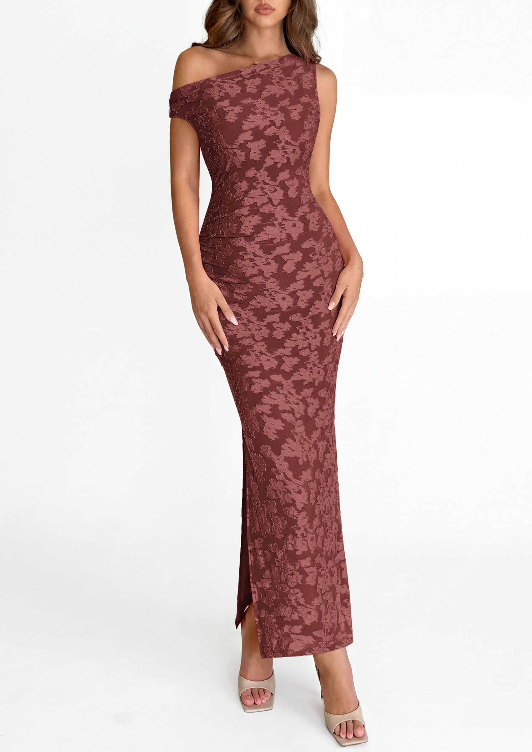 PRETTYGARDEN Womens Floral One Shoulder Maxi Dress 2026 Summer Spring Bodycon Ruched Side Slit Elegant Cocktail Party Dresses PRETTYGARDEN