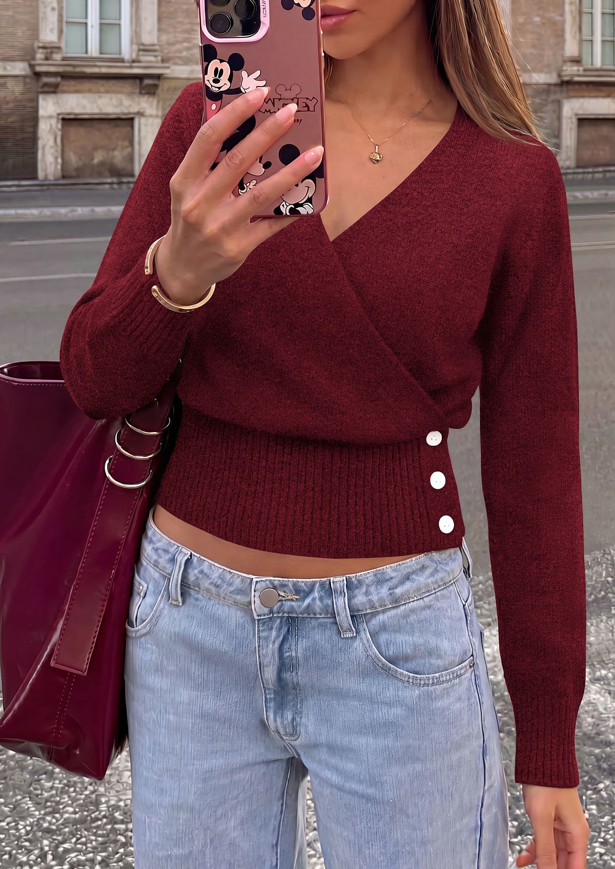 PRETTYGARDEN Women V Neck Wrap Sweater Cropped Tops Fall Winter Fashion 2026, Business Casual Outfits, Stretchy Soft knit, Wide Ribbed Hem with Side Buttons Pullover Sweaters