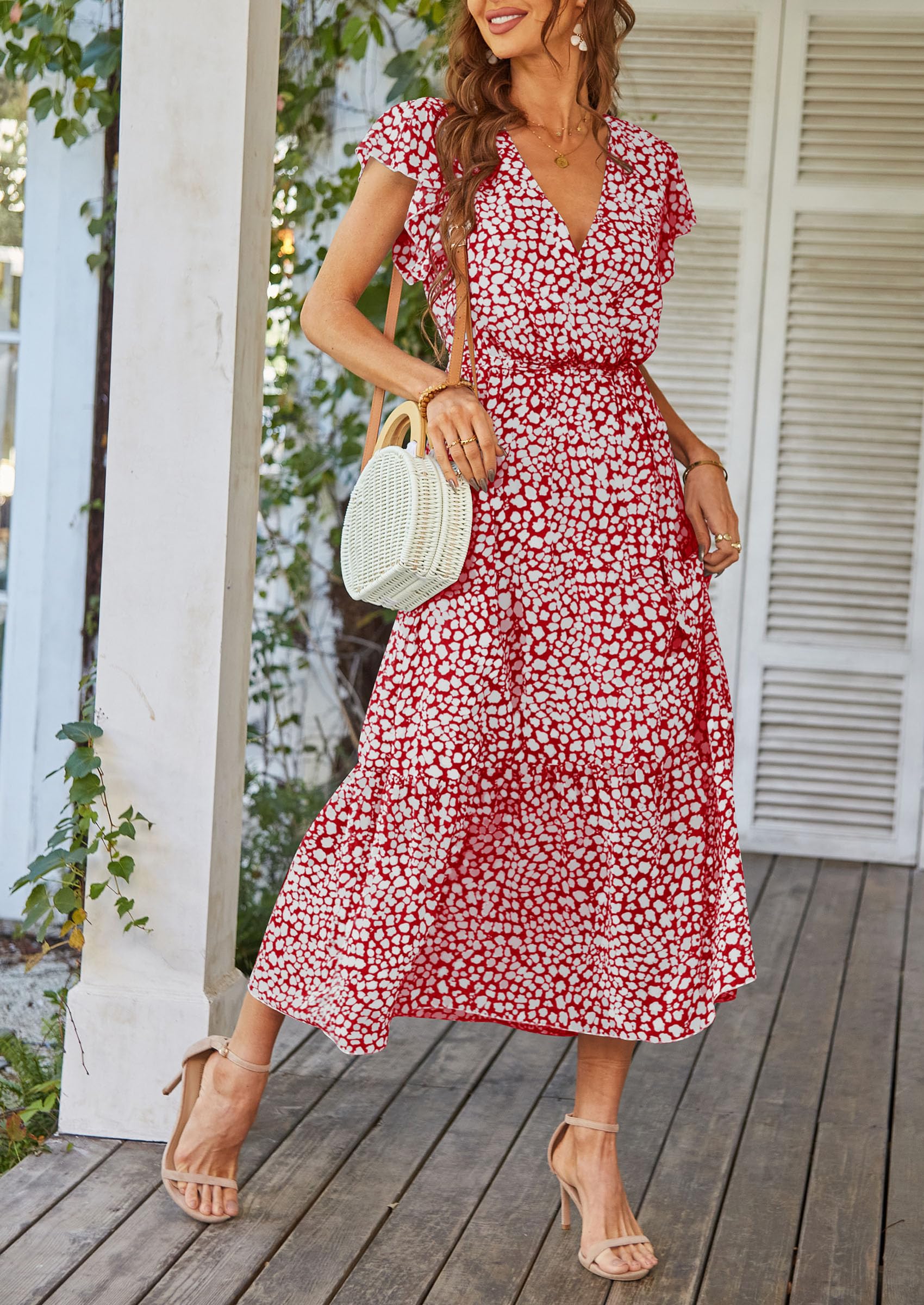 PRETTYGARDEN Women's Summer Floral Boho Maxi Dress Wrap Short Sleeve V Neck Ruffle A-Line Flowy Wedding Guest Long Dresses