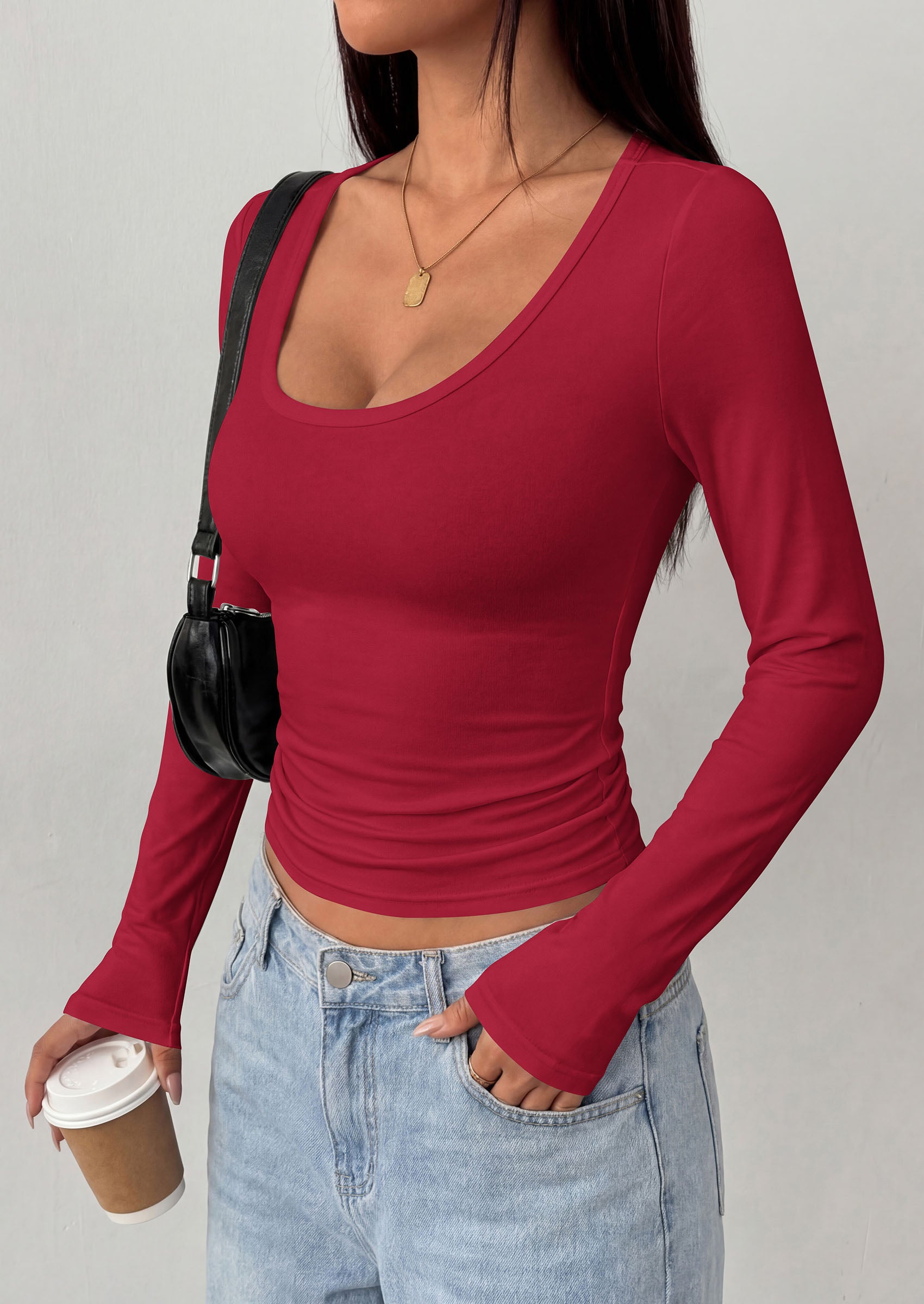 PRETTYGARDEN Womens Long Sleeve Tops 2026 Casual Scoop Neck Basic Tees Slim Fitted Tshirts Layer Knit Fall Outfits
