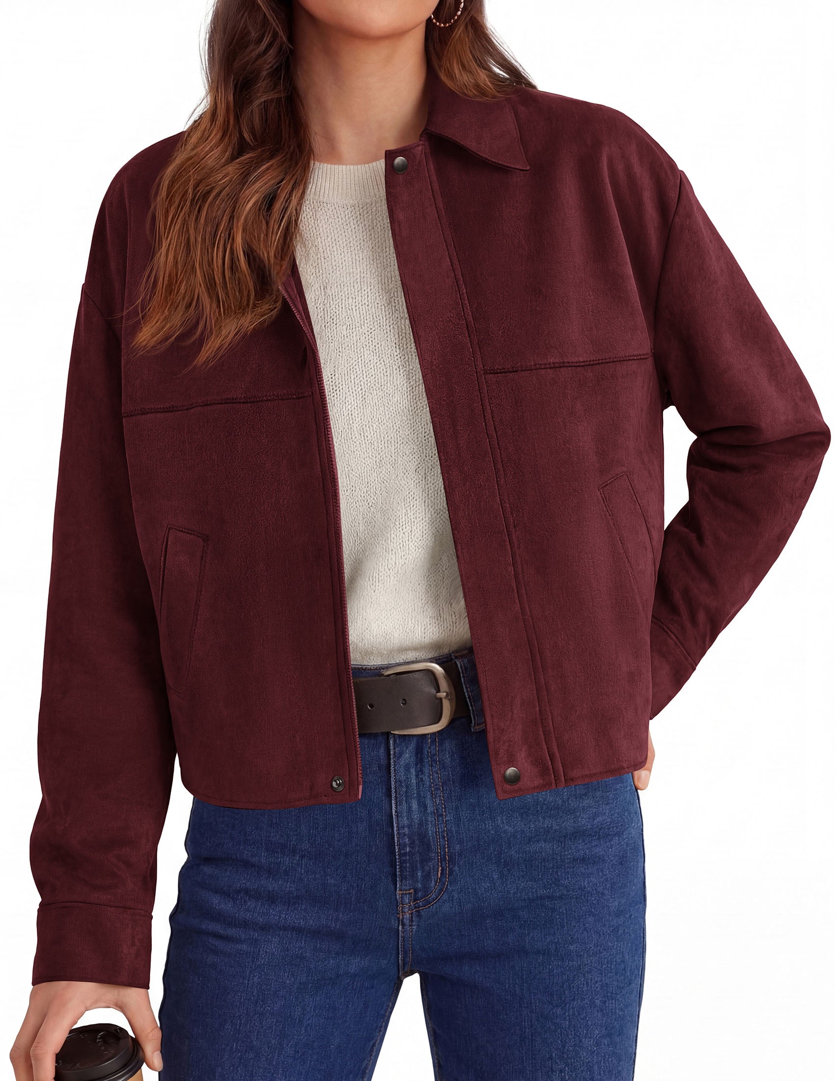 PRETTYGARDEN Women's Faux Suede Cropped Fall Jackets | Soft Zip Up Coats,Classic Lapel Collar,Button Down Shacket,Oversized Casual Outerwear,Trendy Winter Clothes with Pockets