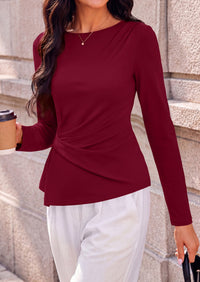 PRETTYGARDEN Womens Ruched Tops Casual Long Sleeve Shirt  Soft Stretchy Knit, Round Neck Slim Fitted Shape, Pleated Asymmetrical Hem, Office Work Daily Wear, Trendy Fall Outfits
