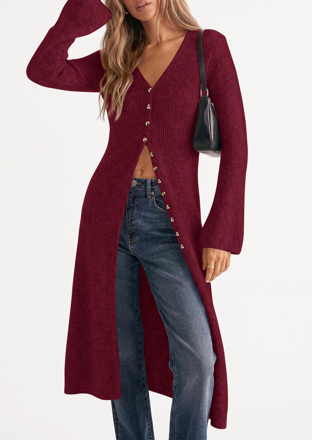 PRETTYGARDEN Women Long Cardigan Bell Sleeve Sweater Dress  Early Fall Fashion, V Neck Button Down Coats, Fit and Flare, Duster Sweater, Business Casual Outfits, Acrylic Cotton Blend