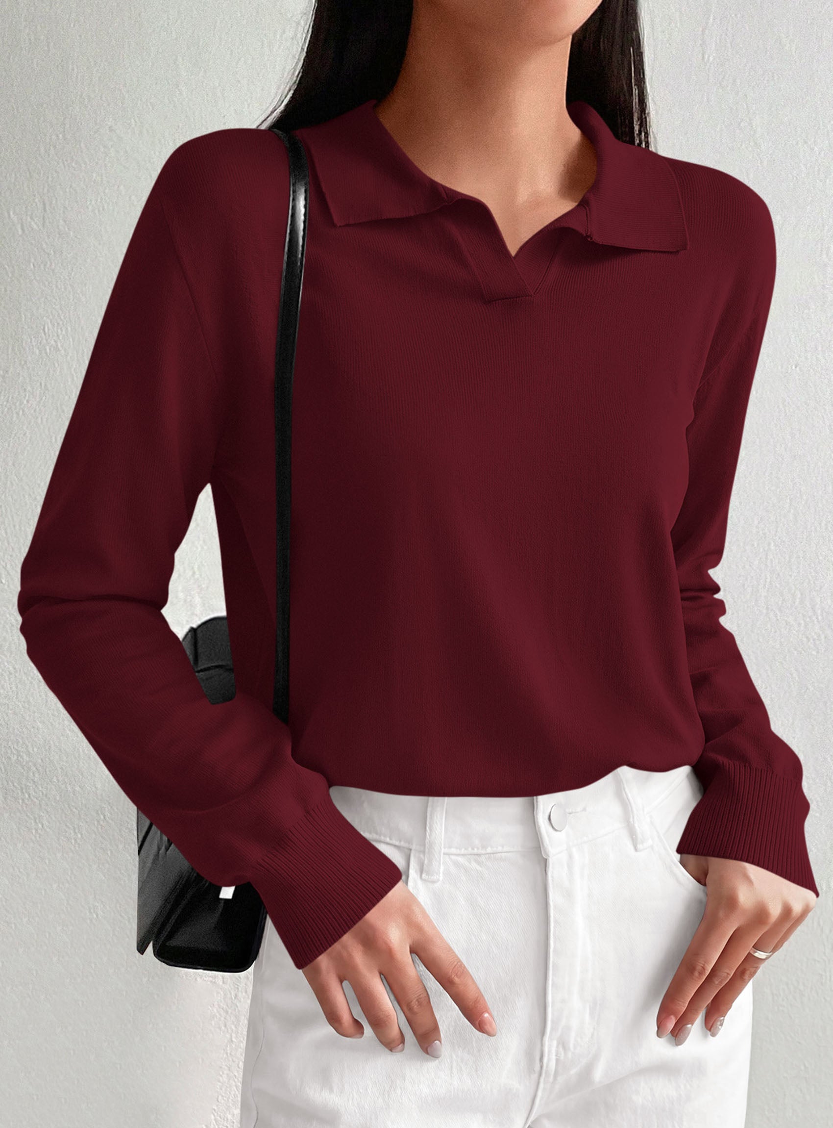 PRETTYGARDEN Womens Long Sleeve Collared Polo Sweater V Neck Knit Ribbed Business Casual Pullover Sweaters 2026 Fall Outfits