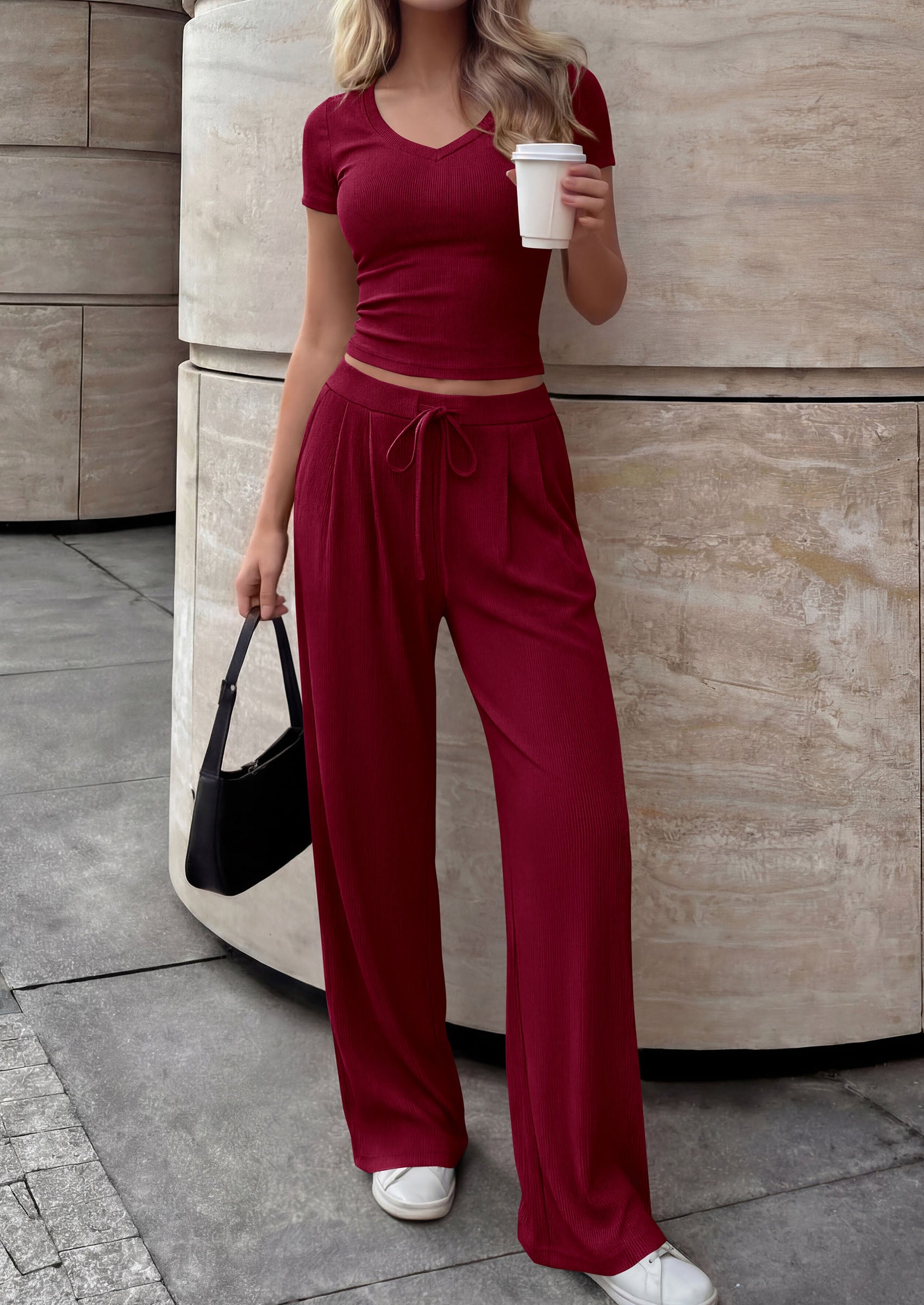 PRETTYGARDEN 2 Piece Sets for Women Summer 2026 Spring Lounge Set Matching V Neck Tops Wide Leg Pants Airport Travel Outfits PRETTYGARDEN