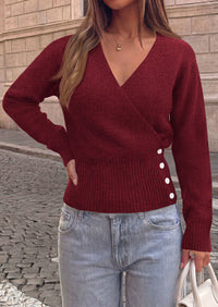 PRETTYGARDEN Women V Neck Wrap Sweater Cropped Tops Fall Winter Fashion 2026, Business Casual Outfits, Stretchy Soft knit, Wide Ribbed Hem with Side Buttons Pullover Sweaters
