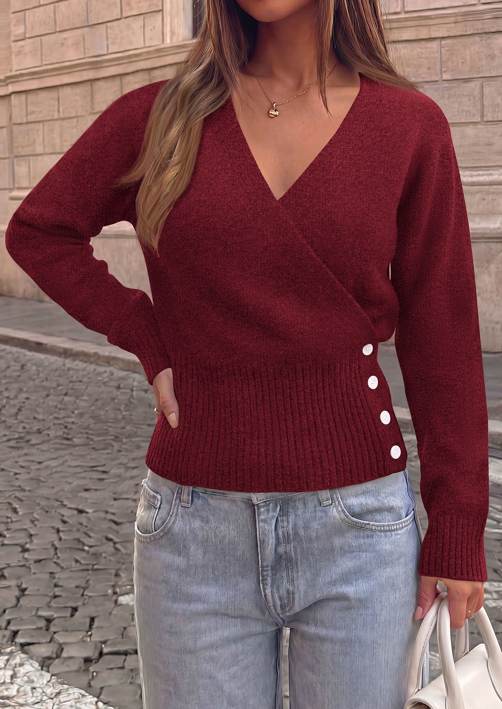 PRETTYGARDEN Women V Neck Wrap Sweater Cropped Tops Fall Winter Fashion 2026, Business Casual Outfits, Stretchy Soft knit, Wide Ribbed Hem with Side Buttons Pullover Sweaters
