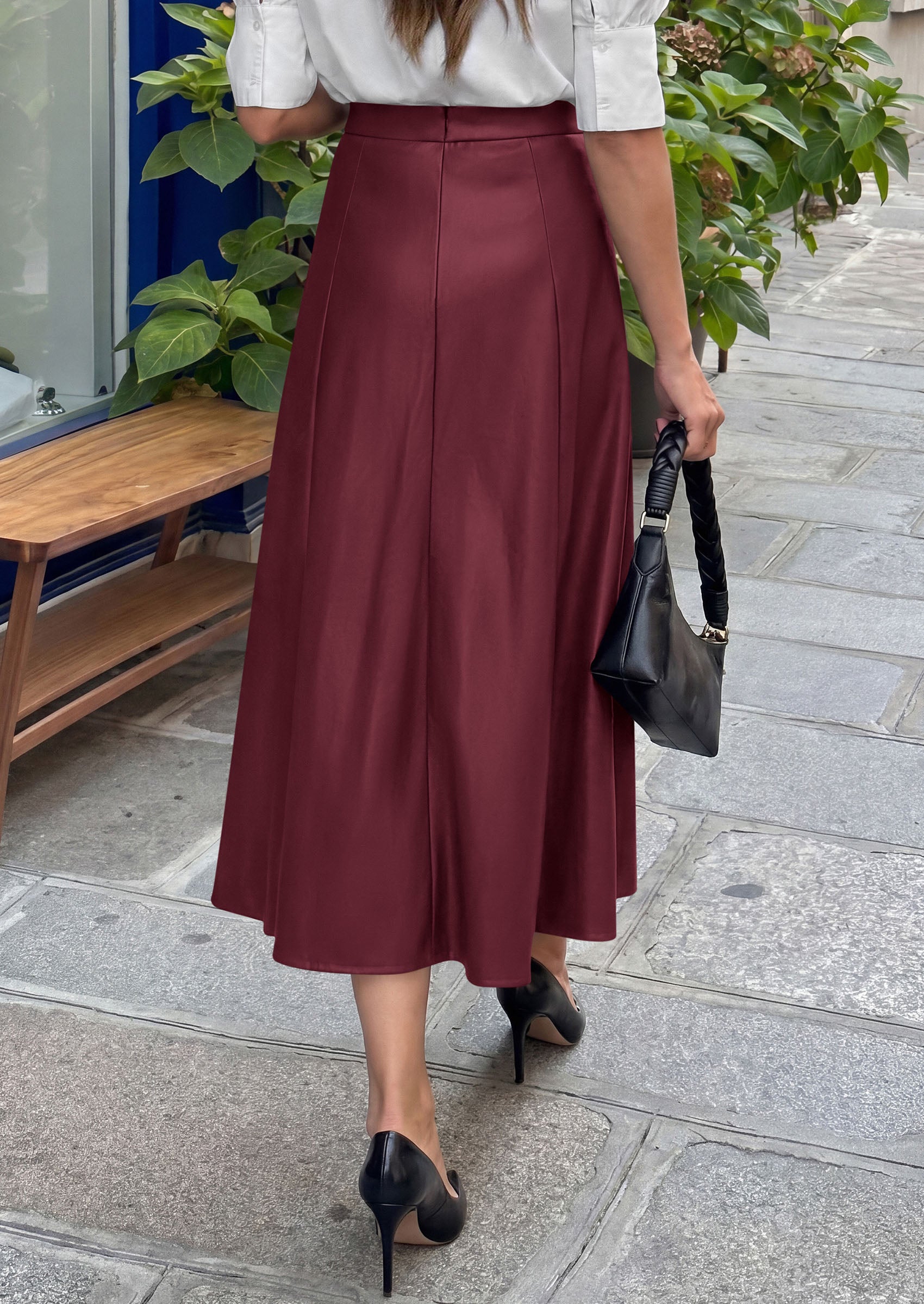 PRETTYGARDEN Womens Faux Leather High Waisted Midi Skirt | Flowy A Line Pleated Skirts, Elegant Swing Flared, Work Business Casual Outfits, Fall Winter Fashion Clothes