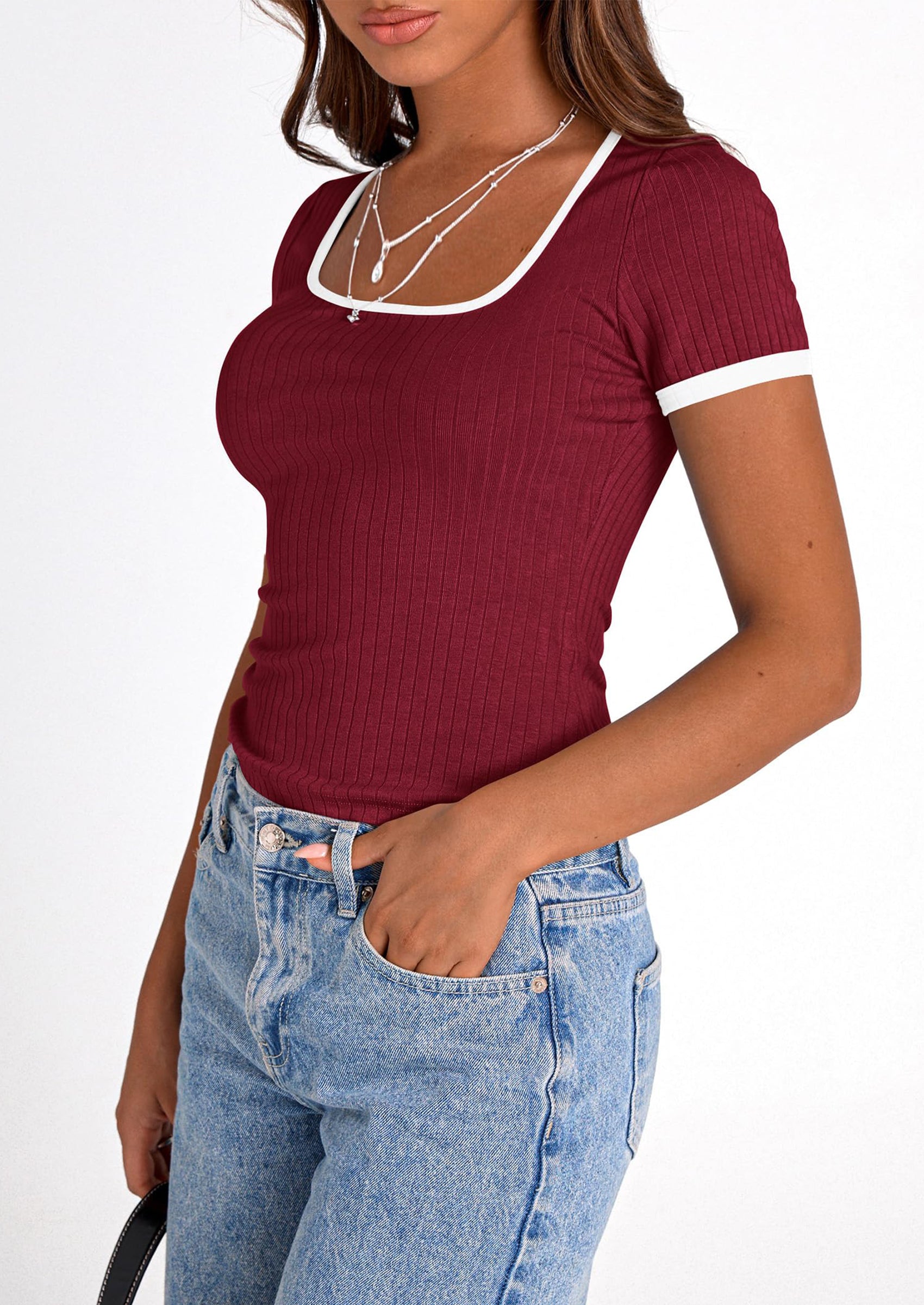 PRETTYGARDEN Women's Summer Short Sleeve T Shirts Ribbed Knit Square Neck Color Block Slim Fit Basic Casual Crop Tops Blouses